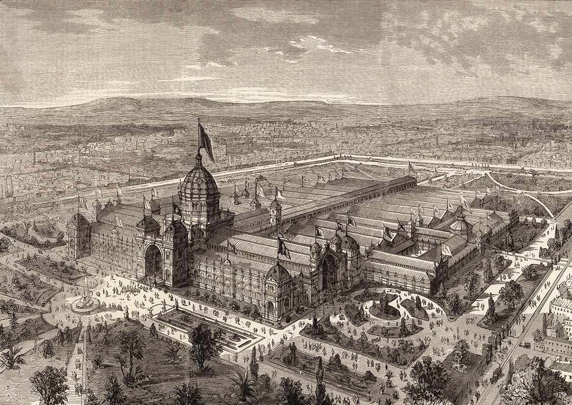 Black and white wood block engraving ‘The International Exhibition Building at Melbourne, Australia’ presents an aerial view of the Exhibition Building and temporary annexes and gardens from a south easterly aspect printed in The Illustrated London News / Courtesy: Museums Victoria