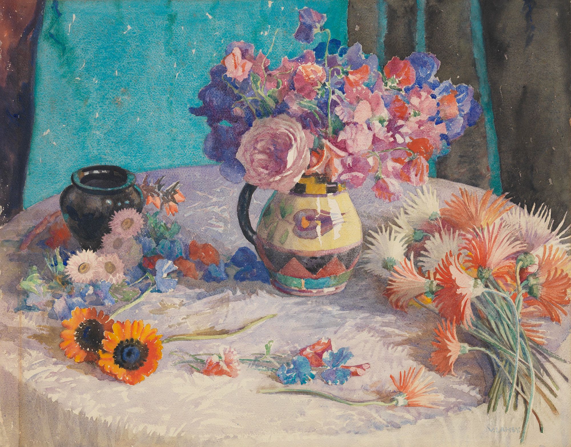 Vida Lahey, Queensland Australia 1882–1968 / Sweet peas and gerberas c.1942 / Watercolour over pencil on wove paper / 54.5 x 66.3cm / Purchased 1943 / Collection: Queensland Art Gallery | Gallery of Modern Art / © QAGOMA