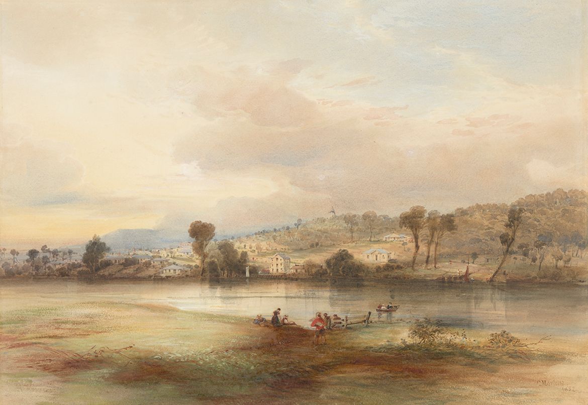 Conrad Martens, England;/Australia 1801–78 / North Brisbane from kangaroo Point 1852 / Watercolour and pencil, with bodycolour and gum arabic / Collection: Mitchell Library, State Library of New South Wales