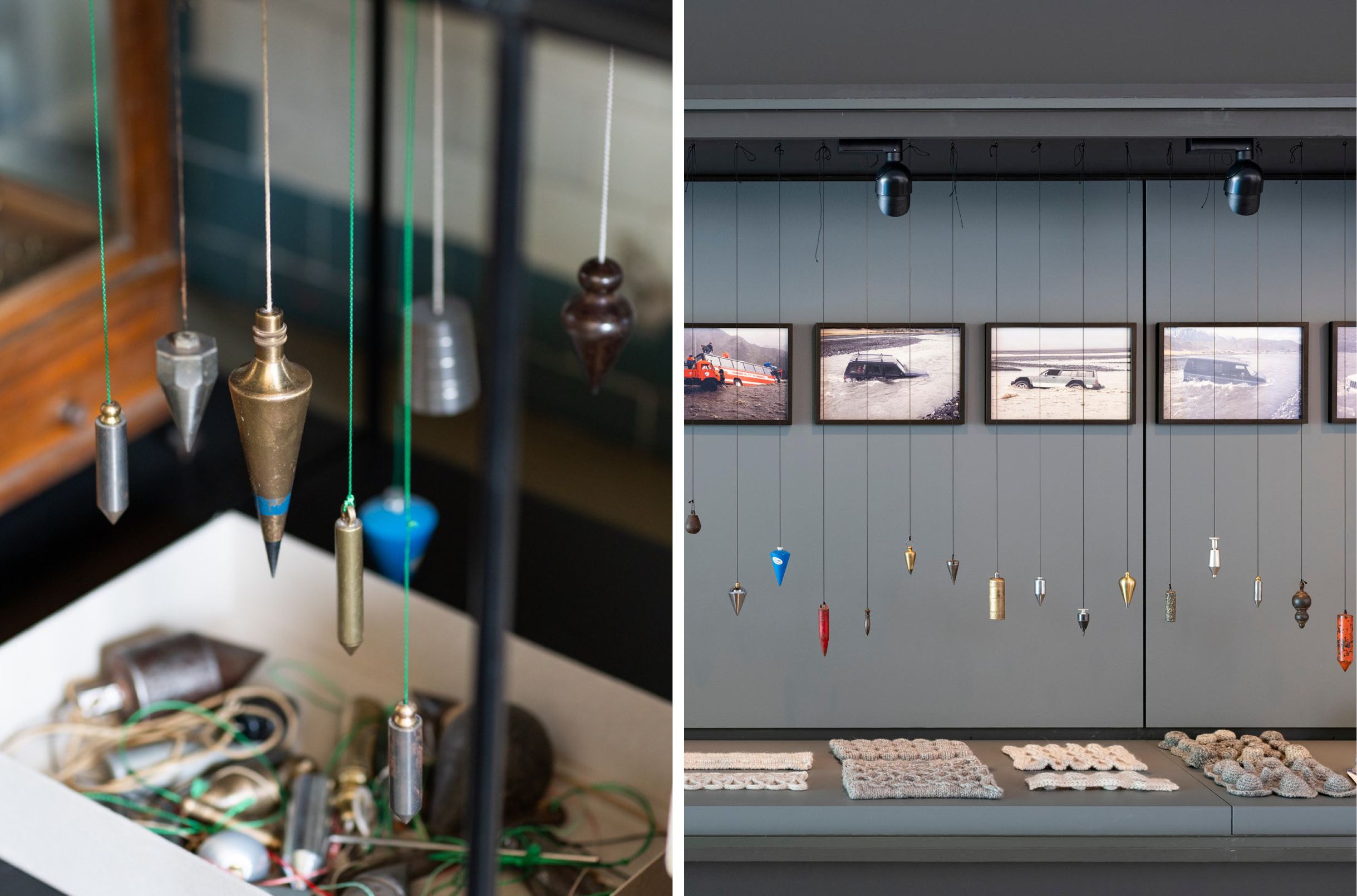(l-r) Objects on display in Olafur Eliasson’s office; Photograph: Agoston Horanyi / ‘Olafur Eliasson: Presence’ foyer cabinet; Photograph: N Umek © QAGOMA