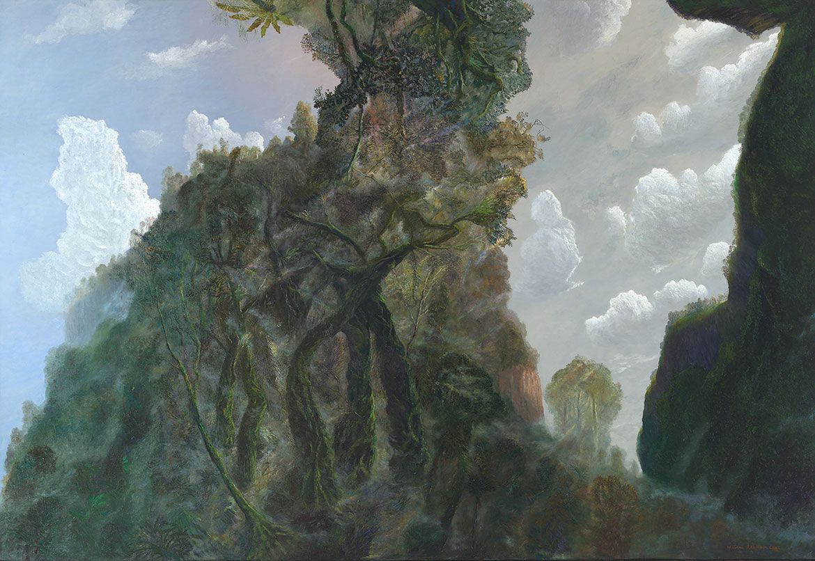 William Robinson, Australia 1936-2025 / Rainforest and mist in afternoon light 2002 / Oil on linen / 167.5 x 243.5cm / Purchased 2017. QAGOMA Foundation / Collection: Queensland Art Gallery | Gallery of Modern Art/ © William Robinson Estate