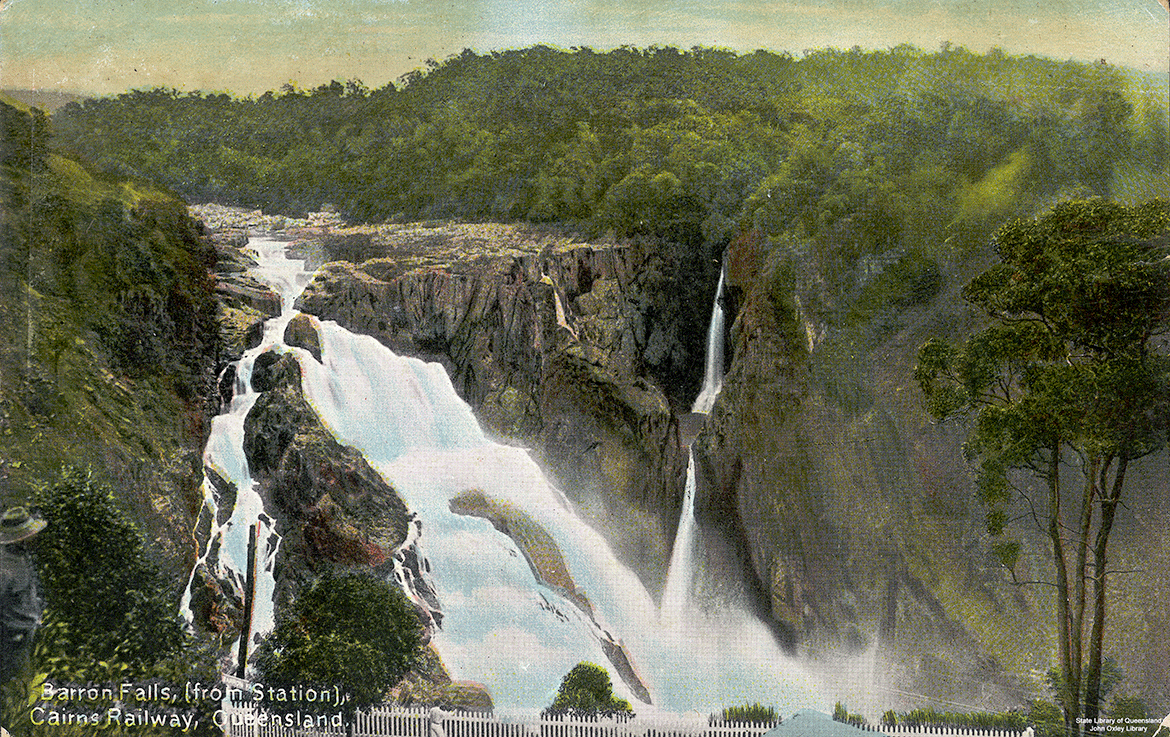Barron Falls (from Station), Cairns Railway, Queensland (from ‘Coloured Shell Series’) c.1910 / Postcard: Colour lithograph on paper / 9 x 13.7cm / 116477 / Courtesy: John Oxley Library, State Library of Queensland, Brisbane