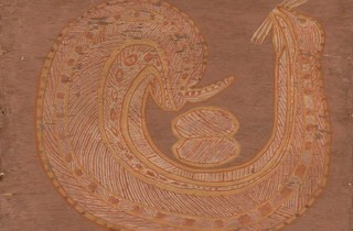 Samuel Ganarradj Mandggudja, Kunwinjku people, Australia c.1909–83 / Rainbow Serpent (detail) unknown / Natural pigments on eucalyptus bark / 34.9 x 47cm / Gift of Robert Bleakley through the QAGOMA Foundation 2020. Donated through the Australian Government's Cultural Gifts Program / Collection: Queensland Art Gallery | Gallery of Modern Art / © Estate of Samuel Ganarradj Manggudja/Licensed by Aboriginal Artists Agency