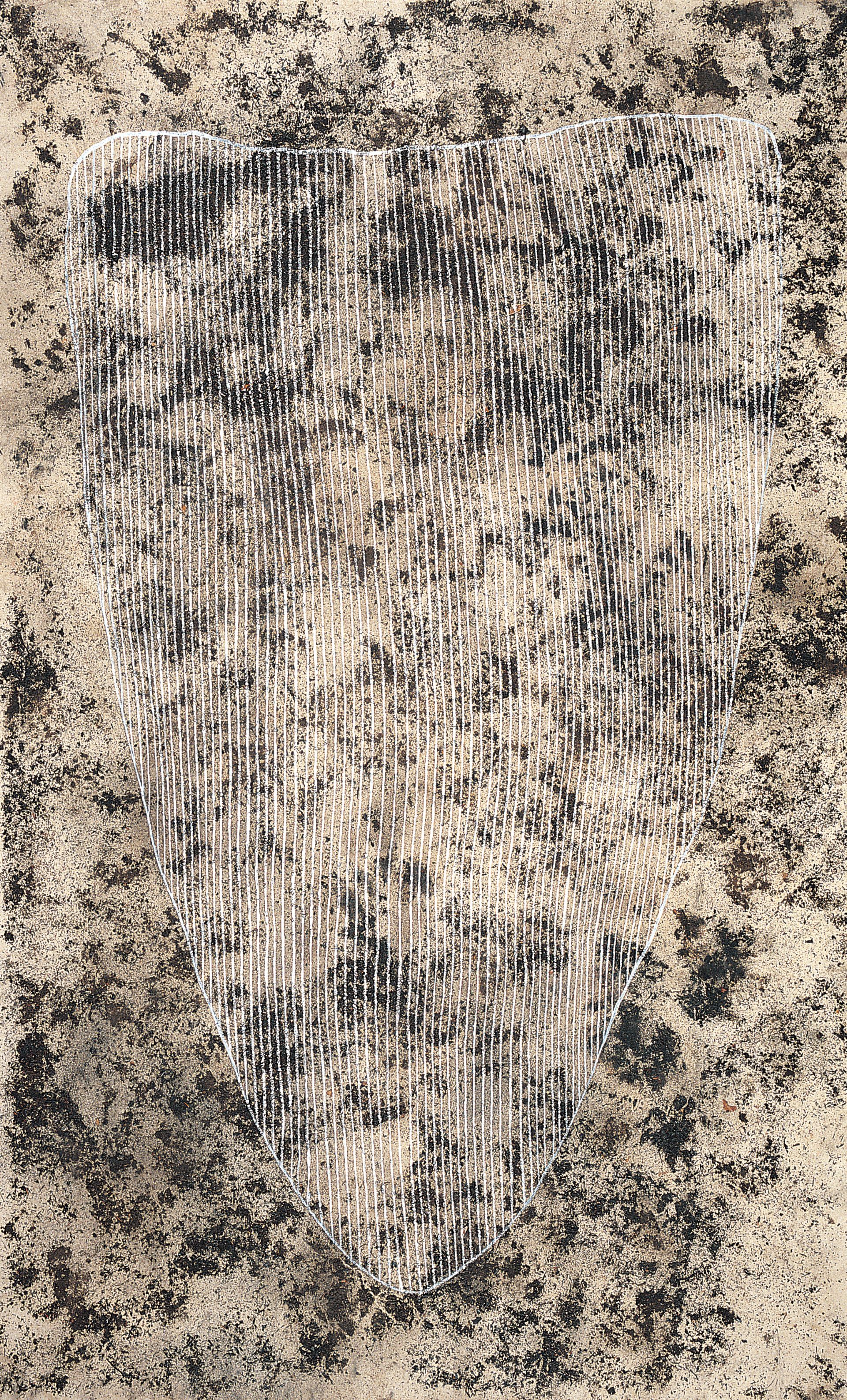 Judy Watson / Waanyi people / Queensland Australia b.1959 / burnt shield 2002 / Synthetic polymer paint, ash, charcoal on canvas / 190 x 118cm (unstretched) / Purchased 2003.The Queensland Government's special Centenary Fund / Accession No: 2003.021 / Collection: Queensland Art Gallery | Gallery of Modern Art / © Judy Watson/Copyright Agency