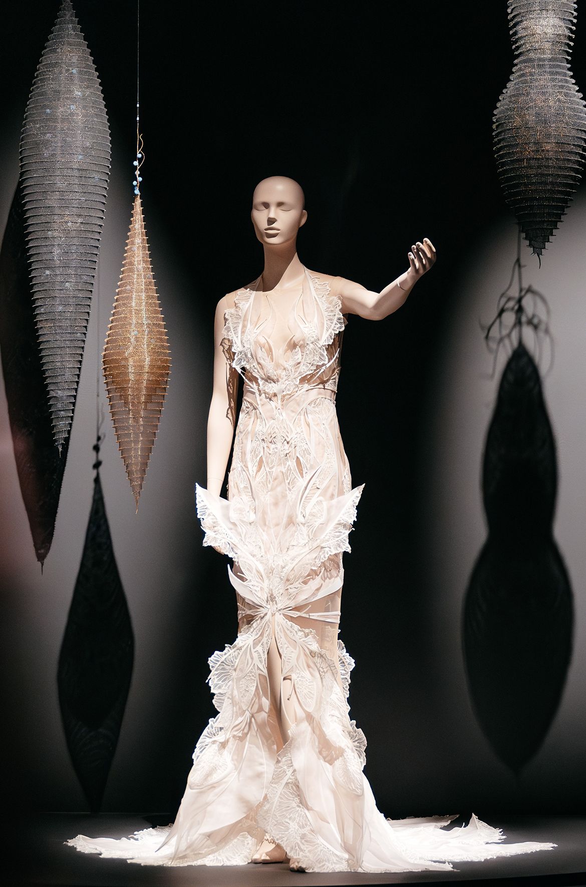 Iris van Herpen, Netherlands b.1984 / Ars Amatoria gown, from the ‘Meta Morphism’ collection 2022 installed in ‘Iris van Herpen: Sculpting the Senses’, GOMA 2024 / Crepe, lace, silk organza, mylar, Swarovski crystals / © Iris van Herpen atelier / Photograph: J Ruckli © QAGOMA