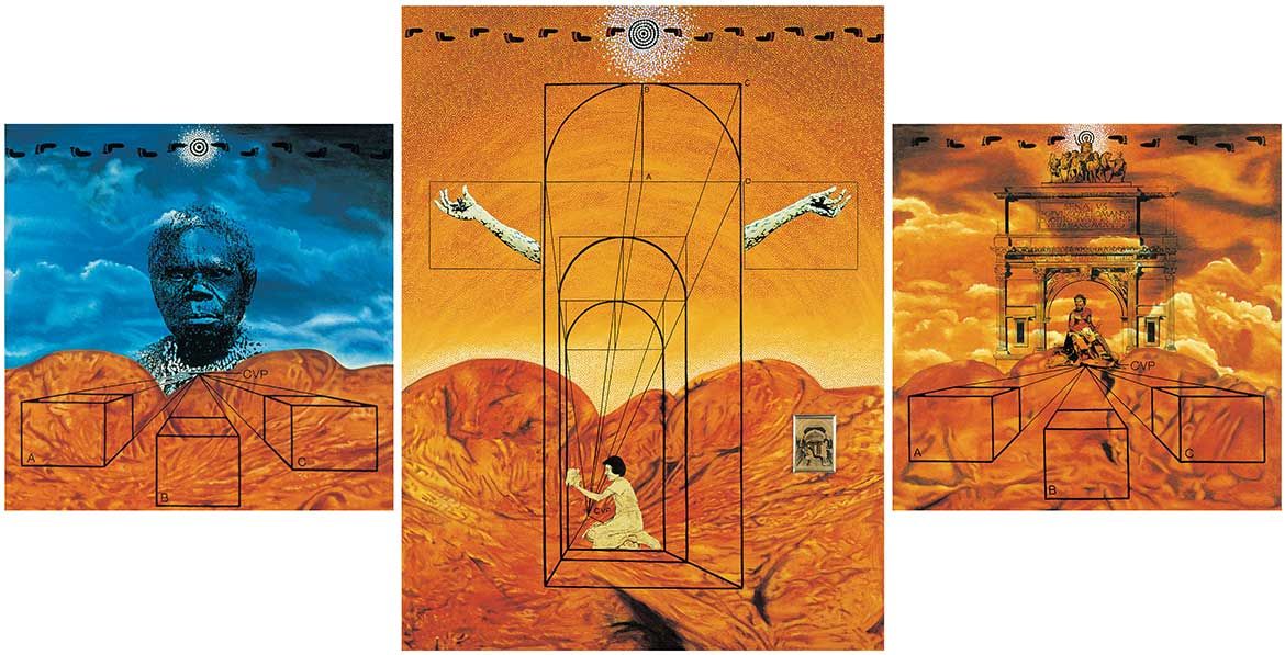 Gordon Bennett, Australia 1955-2014 / Triptych: Requiem, Of Grandeur, Empire 1989 / Oil and photograph on canvas / Triptych: a: 120 x 120cm; b: 200 x 150cm; c: 120 x 120cm / Purchased 1989 under the Contemporary Art Acquisition Program with funds from Hill & Taylor, Solicitors through the Queensland Art Gallery Foundation / Collection: Queensland Art Gallery / © Estate of the artist