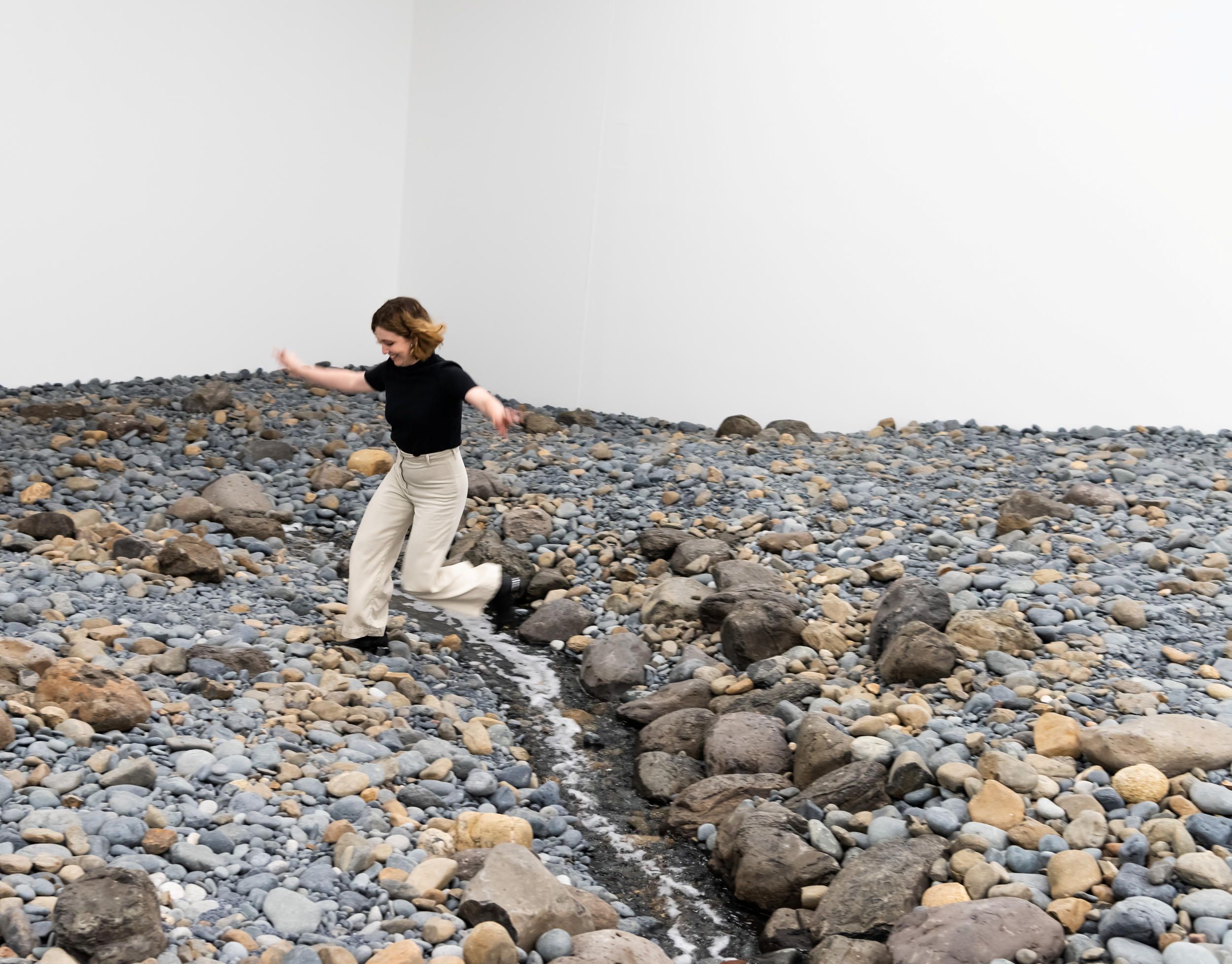 Olafur Eliasson, Denmark b.1967 / Riverbed 2014 (installation view, GOMA, 2019) / Water, rock (volcanic stones [blue basalt, basalt, lava], other stones, gravel, sand), wood, steel, plastic sheeting, hose, pumps / Purchased 2021. The Josephine Ulrick and Win Schubert Charitable Trust / Collection: The Josephine Ulrick and Win Schubert Charitable Trust, Queensland Art Gallery | Gallery of Modern Art / © 2014 Olafur Eliasson / Photograph: N Harth © QAGOMA