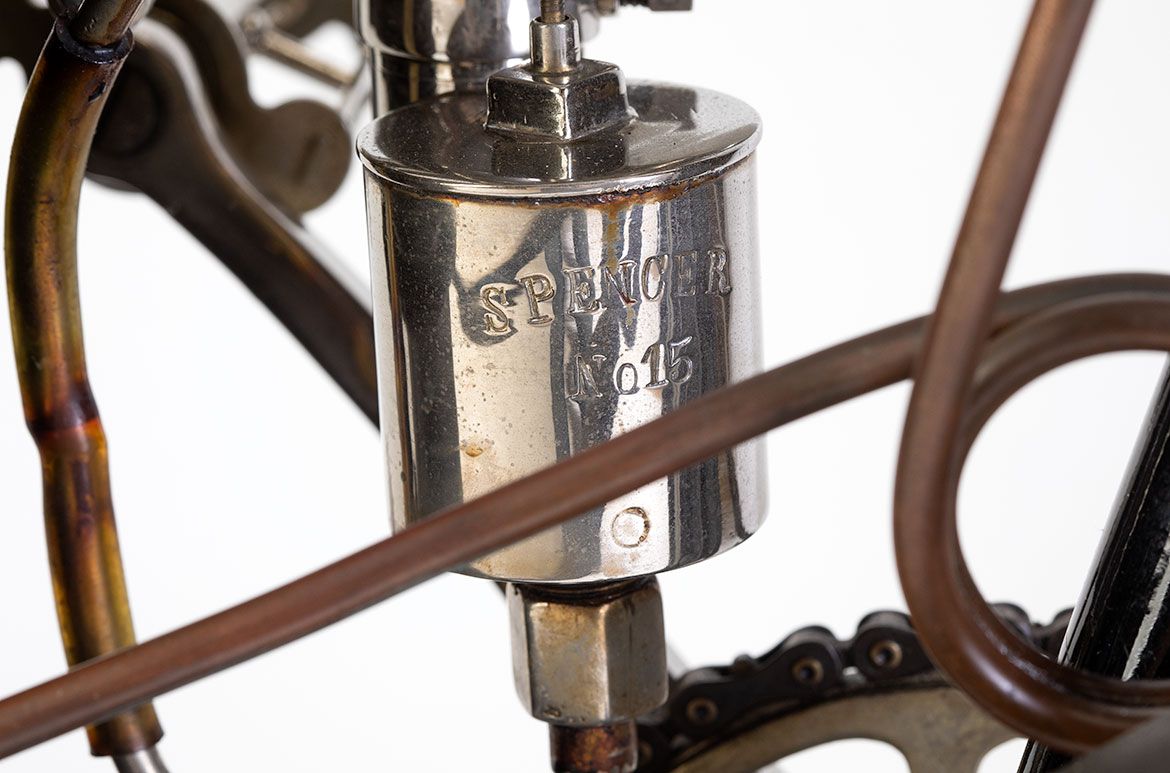Spencer branding on the c.1906 Spencer motorcycle / Photograph: Penelope Clay, Australian Motorlife Museum