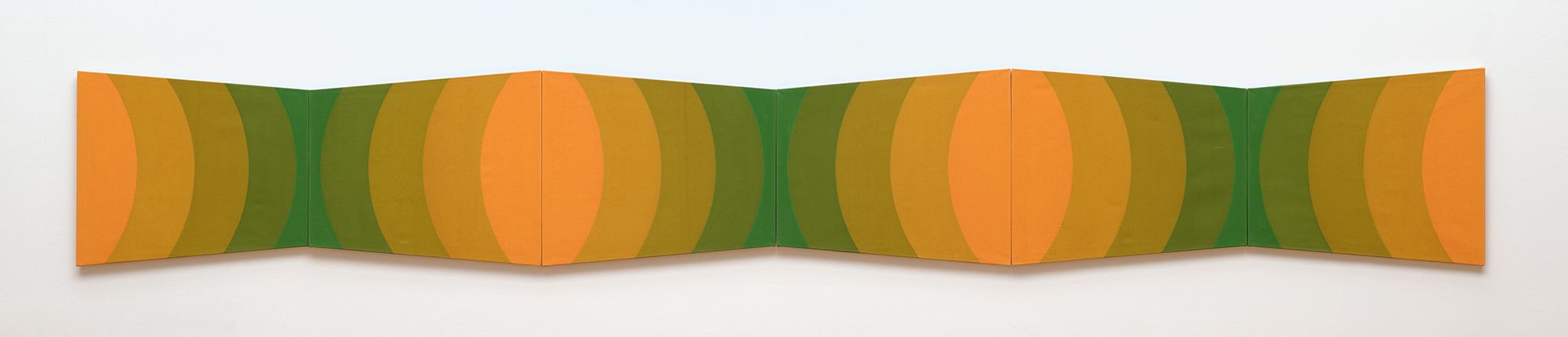 Normana Wight, Australia 1936-2026 / Untitled yellow-green 1970 / Screenprint on canvas / Six panels: 76.7 x 91.5cm (irreg., each); 76.7 x 550cm (overall) / The James C. Sourris AM Collection. Purchased 2012 with funds from James C. Sourris AM through the QAG Foundation / Collection: Queensland Art Gallery | Gallery of Modern Art / © Normana Wight Estate