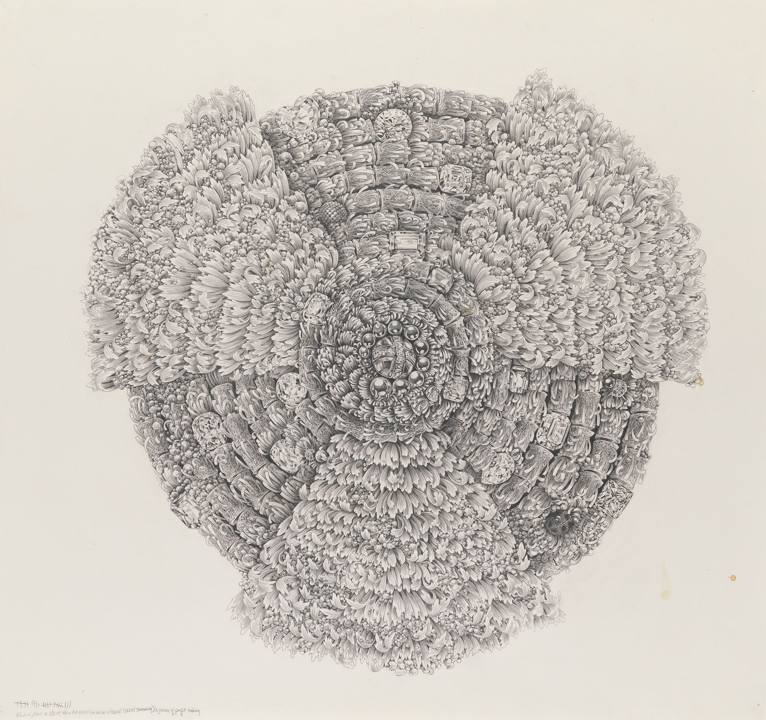 eX de Medici / Australia NSW/ACT b.1959 / Meme for a Slave who Dreams like an Aristocrat [U235 Dreaming]: A Frenzy of Profit Taking 2005 / Graphite on paper / 106 x 114cm / Purchased 2005 / Collection: Queensland Art Gallery | Gallery of Modern Art, Brisbane / © eX de Medici