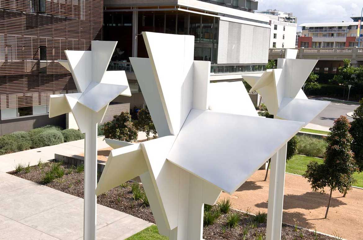 Martin Boyce, United Kingdom b.1967 / We are shipwrecked and landlocked 2008-10 / Polyurethane on aluminium / Three elements: 770cm (high, each) / Gift of Kaldor Public Art Projects (Sydney), the artist and The Modern Institute (Glasgow) with financial assistance from the Queensland Government through Arts Queensland 2010 / Collection: Queensland Art Gallery | Gallery of Modern Art / Installed for ’21st Century: Art in the First Decade’ at the Gallery of Modern Art (GOMA) 18 December 2010 – 26 April 2011 / © Martin Boyce