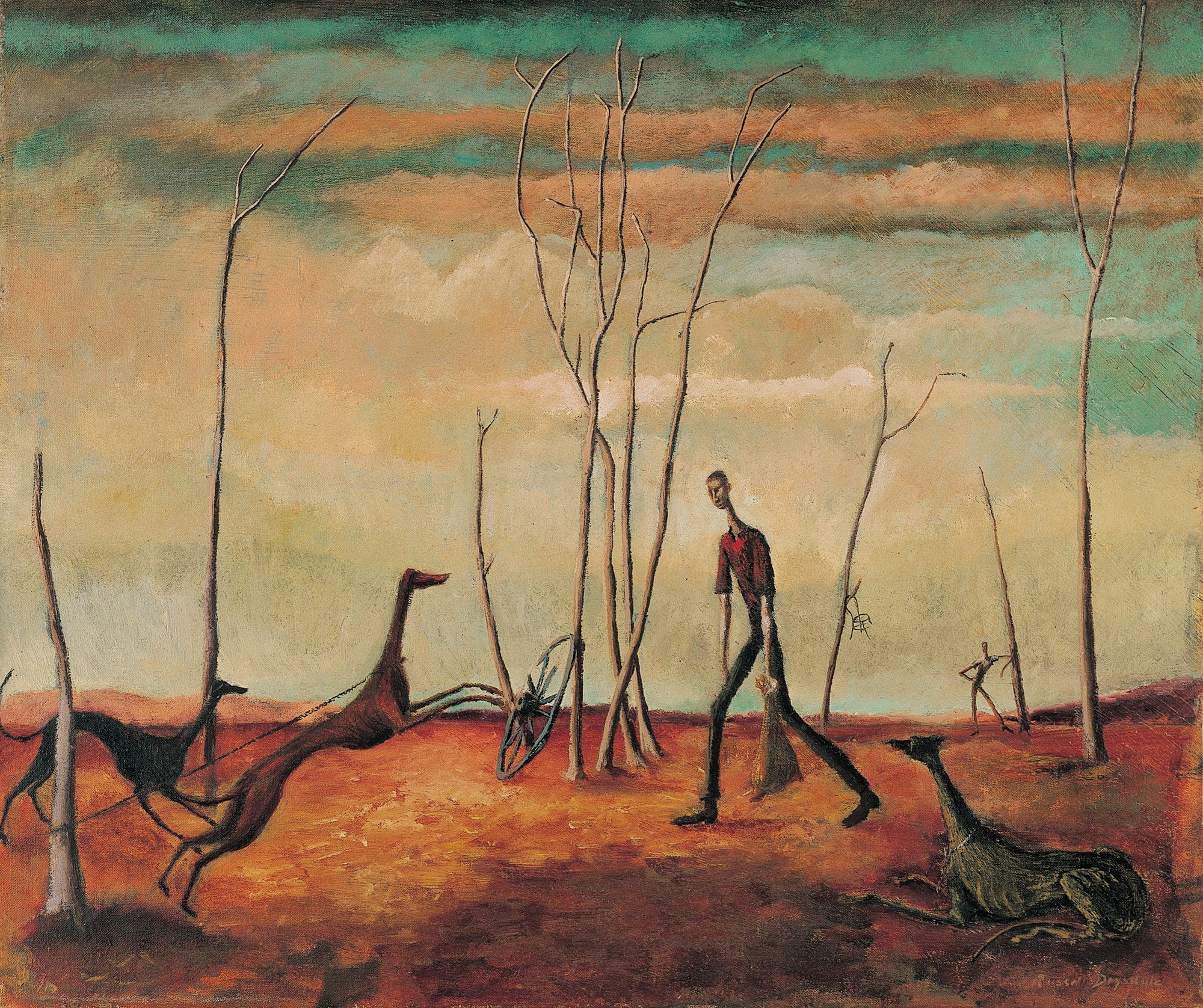 Russell Drysdale, Australia 1912–81 / Man feeding his dogs 1941 / Oil on canvas / 51.2 x 61.4cm / Gift of C F Viner-Hall 1961 / Collection: Queensland Art Gallery | Gallery of Modern Art / © QAGOMA