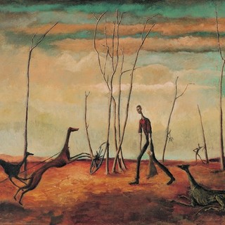 Russell Drysdale, Australia 1912–81 / Man feeding his dogs 1941 / Oil on canvas / 51.2 x 61.4cm / Gift of C F Viner-Hall 1961 / Collection: Queensland Art Gallery | Gallery of Modern Art / © QAGOMA