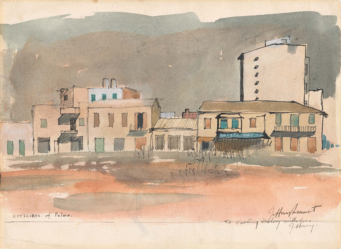 Jeffrey Smart, Australia/Italy 1921-2013 / Outskirts of Parma 1965 / Ink and watercolour on paper / 17 x 23.5cm / Gift of Kay Bryan through the QAGOMA Foundation 2015. Donated through the Australian Government’s Cultural Gifts Program / Collection: Queensland Art Gallery | Gallery of Modern Art / © Jeffrey Smart Estate