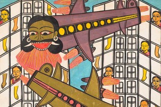 Jaba Chitrakar, India b.1960s / 9/11 (detail) 2012 / Natural colour on mill-made paper with fabric backing / 276 x 56cm / Purchased 2016 with funds from Professor Susan Street AO through the Queensland Art Gallery | Gallery of Modern Art Foundation / Collection: Queensland Art Gallery / © The artist