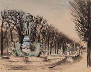 Margaret Olley, Australia 1923-2011 / Jardin du Luxembourg, Paris 1950 / Watercolour, gouache, pen and ink on paperboard / 57 x 67.5cm / Purchased 1950 / Collection: Queensland Art Gallery | Gallery of Modern Art / © Estate of Margaret Olley