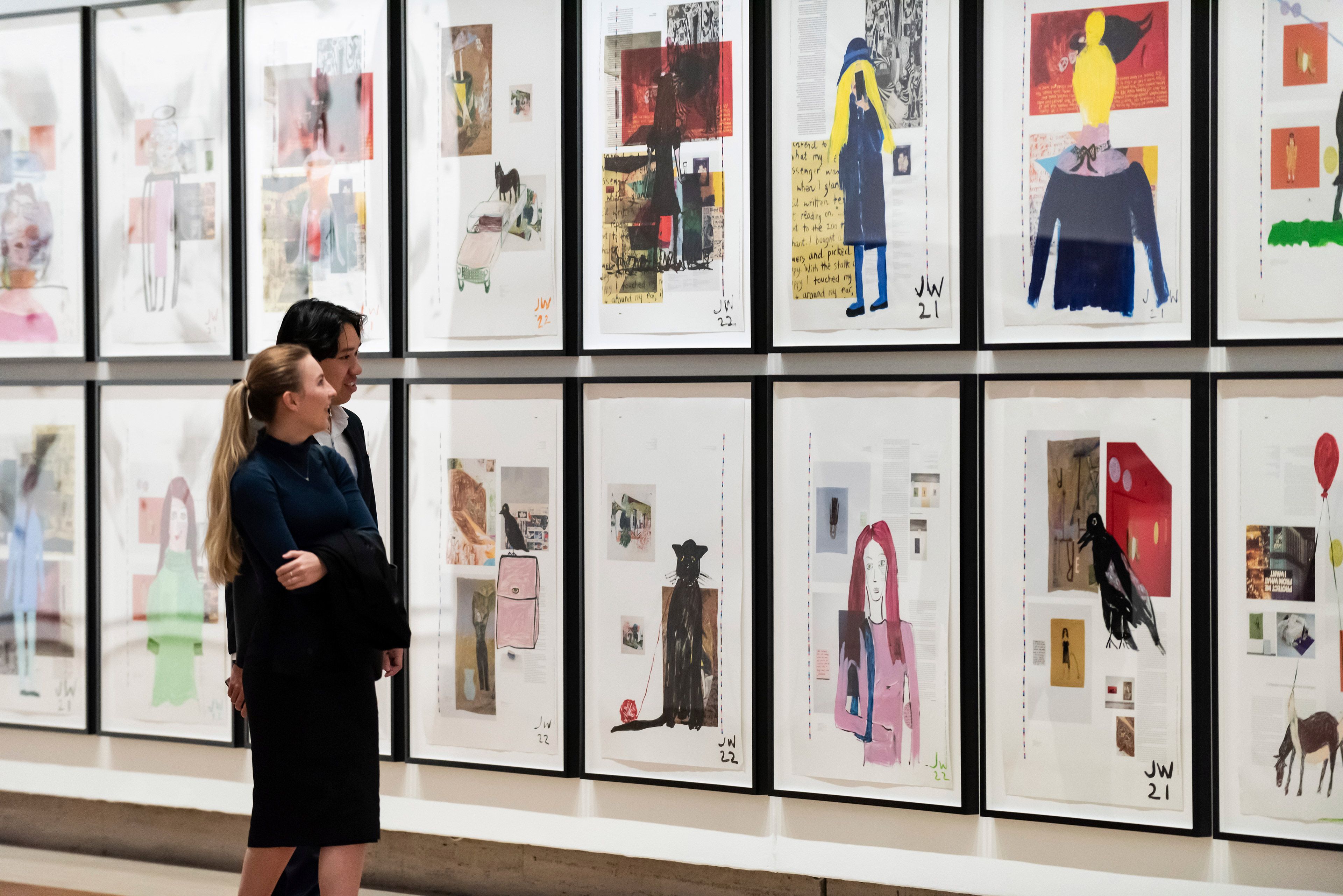 Jenny Watson / Australia VIC/QLD b.1951 / Private views and rear visions (installation views, details) 2021–22 / Synthetic polymer paint on found digital prints on paper / 48 sheets: 102 x 72cm (sheet) / Proposed for the Queensland Art Gallery | Gallery of Modern Art Collection / © Jenny Watson / Photographs: Natasha Harth and Joe Ruckli