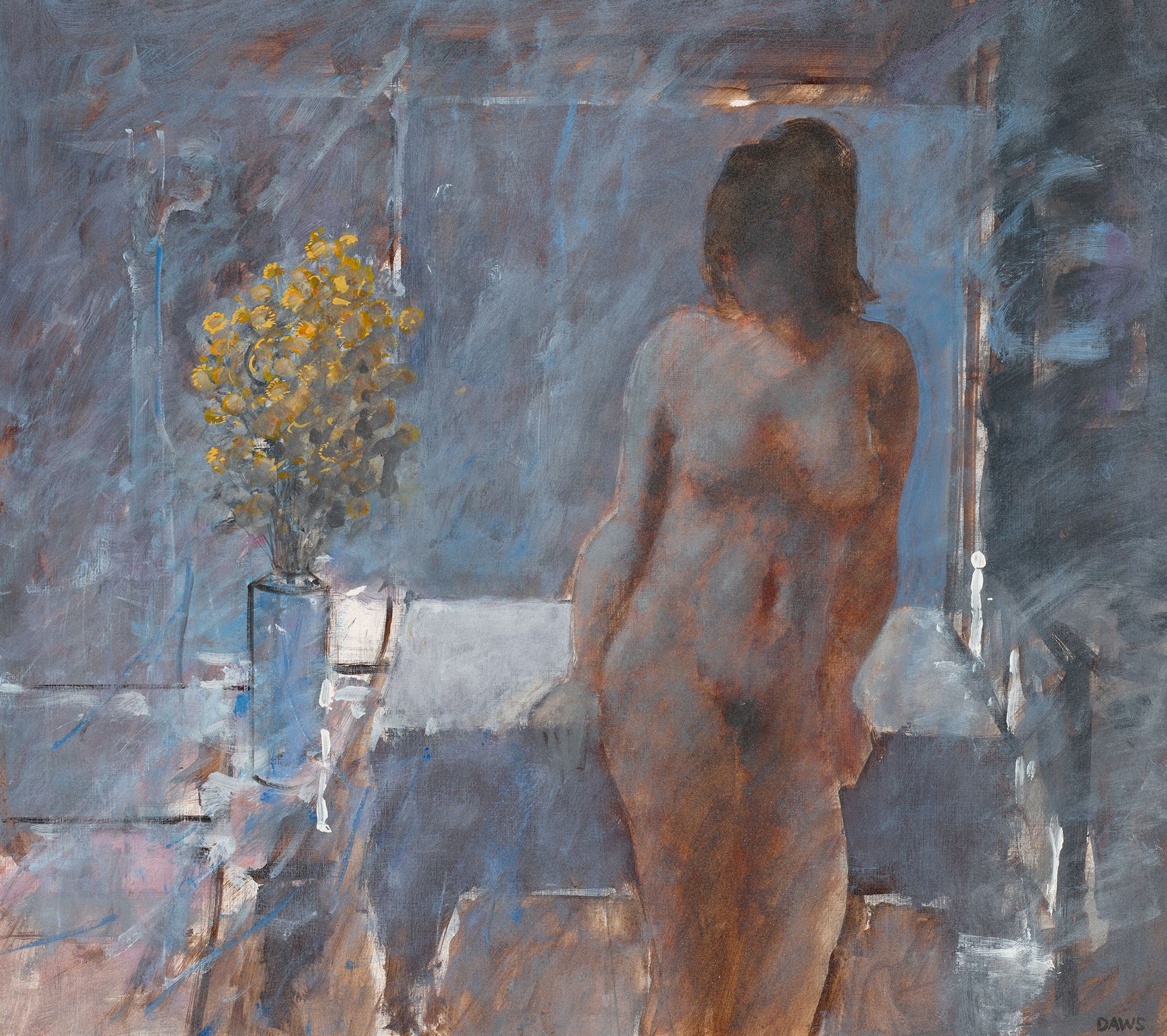Lawrence Daws, Australia 1927–2025 / Interior – figure with flowers 1977 / Synthetic polymer paint and gouache on wove paper / 82 x 88.8cm / Purchased 1978 / Collection: Queensland Art Gallery | Gallery of Modern Art / © QAGOMA