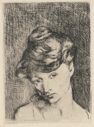 Pablo Picasso, Spain 1881–1973 / Téte de Femme: Madeleine (from 'La Suite des Saltimbanques' series) 1905, printed 1913 / Etching on Japan paper / 48.6 x 33.3cm / Purchased 2022 with funds from the Henry and Amanda Bartlett Trust through the QAGOMA Foundation / Collection: Queensland Art Gallery | Gallery of Modern Art / © Succession Picasso/Copyright Agency
