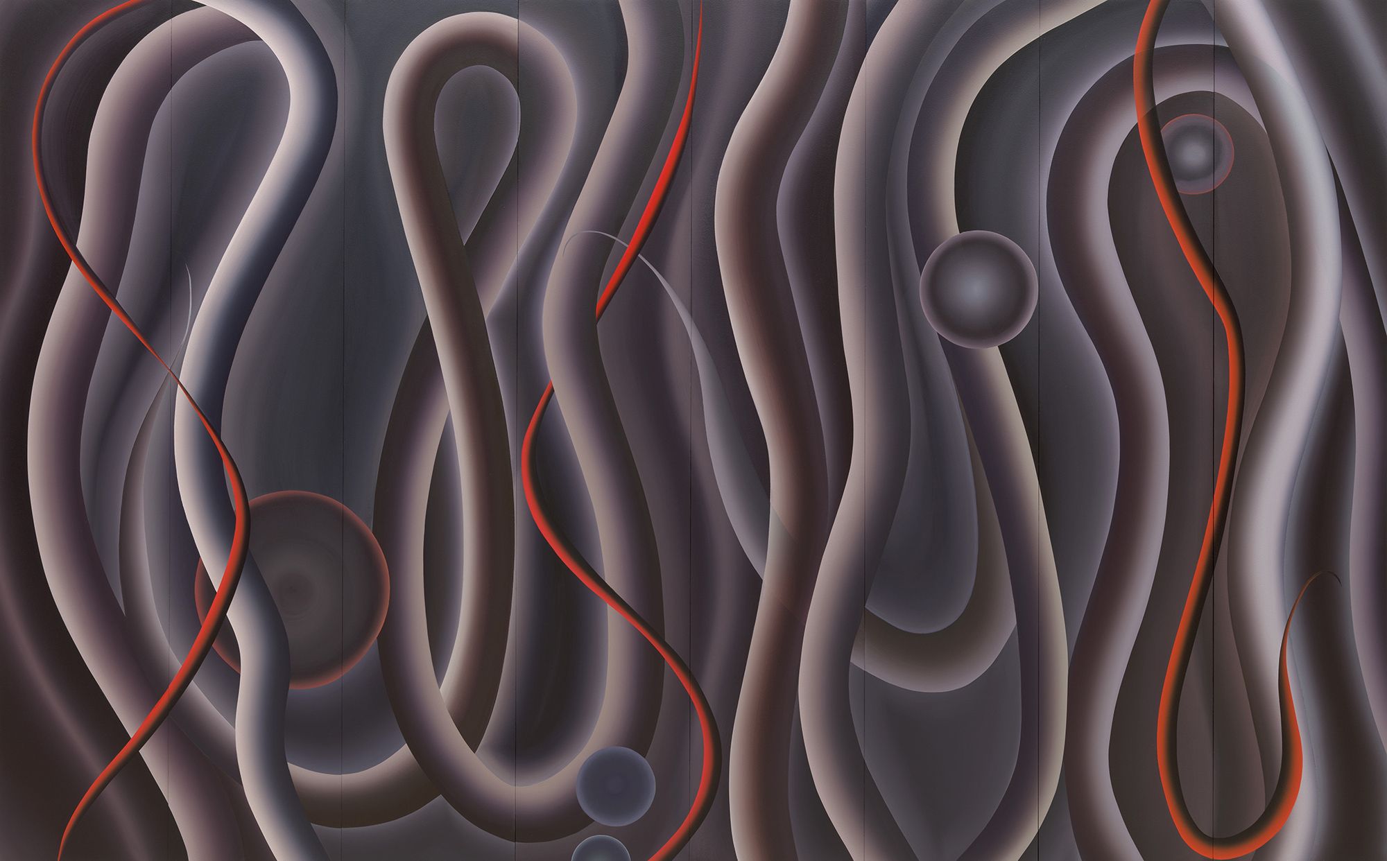 Marion Borgelt, Australia b.1954 / Moondance mural: no 1 2014 / Oil on medium density fibreboard / Eight panels: 220 x 352.5cm (overall) / Gift of the artist through the QAGOMA Foundation 2021. Donated through the Australian Government's Cultural Gifts Program / Collection: Queensland Art Gallery | Gallery of Modern Art / © Marion Borgelt/Copyright Agency