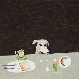 Noel McKenna, Australia b.1956 / Tall dog at table 2015 / Oil on plywood / Ten Cubed Collection, Melbourne / Photograph: Simon Hewson / Image courtesy: The artist and Darren Knight Gallery, Sydney / © Noel McKenna, 2015. Licensed by Viscopy, 2017