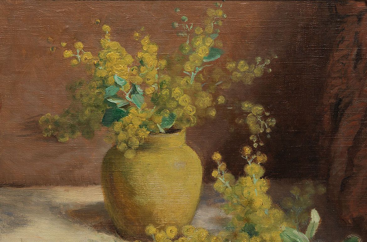 Vida Lahey, Australia 1882-1968 / Wattle in a yellow vase (detail) c.1912-15 / Oil on canvas on plywood / 24 x 29cm / Gift of the Estate of Shirley Lahey through the QAG Foundation 2012 / Collection: Queensland Art Gallery | Gallery of Modern Art / © QAGOMA