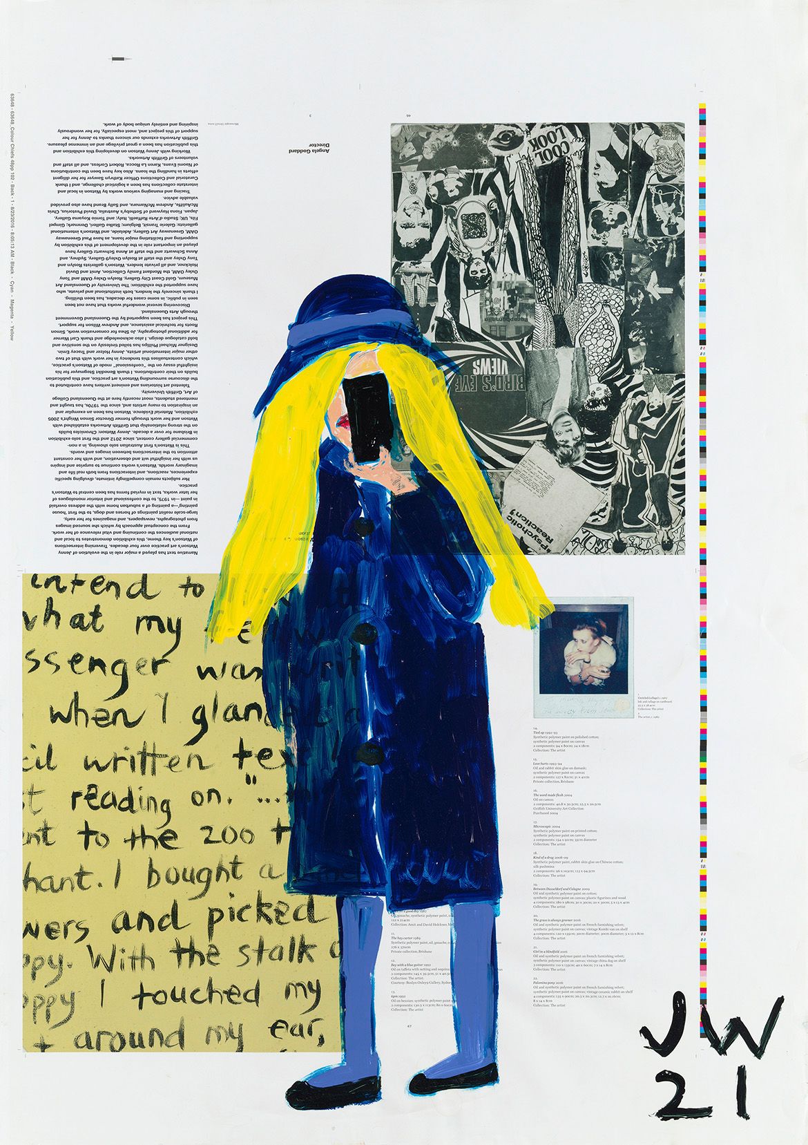 Jenny Watson, Australia b.1951 / Private views and rear visions (detail) 2021–22 / Synthetic polymer paint on found digital prints on paper / 48 sheets: 102 x 72cm (sheet) / Courtesy: Jenny Watson