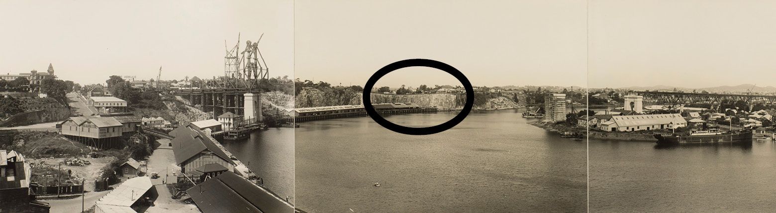 Panorama showing the main northern pier being constructed 1938 / Image number: 6377-0003-0084 / Image courtesy State Library of Queensland, Brisbane