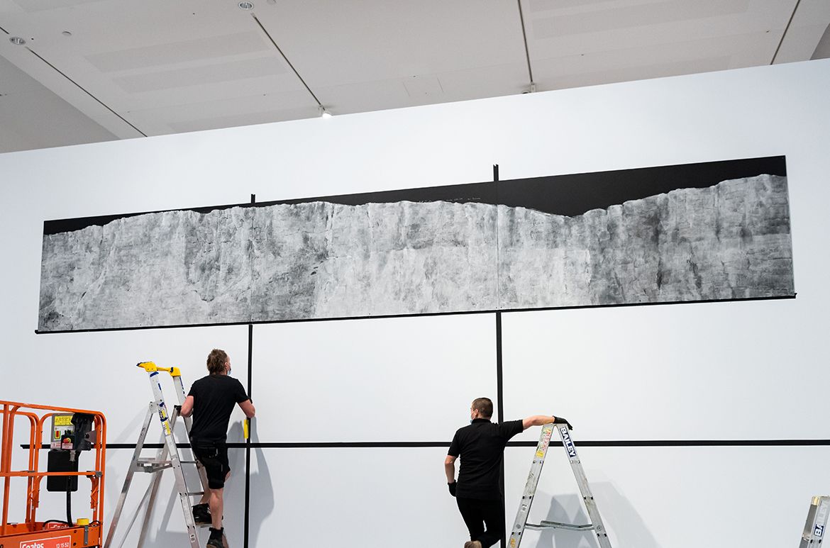 Tacita Dean, United Kingdom b.1965 / Chalk Fall 2018 / Chalk on blackboard / Nine panels: 121.9 x 243.8cm (each); 365.8 x 731.5cm (overall) / Purchased 2021. The Josephine Ulrick and Win Schubert Charitable Trust / Collection: The Josephine Ulrick and Win Schubert Charitable Trust, Queensland Art Gallery | Gallery of Modern Art / © Tacita Dean / Photograph: Photograph: C Callistemon © QAGOMA