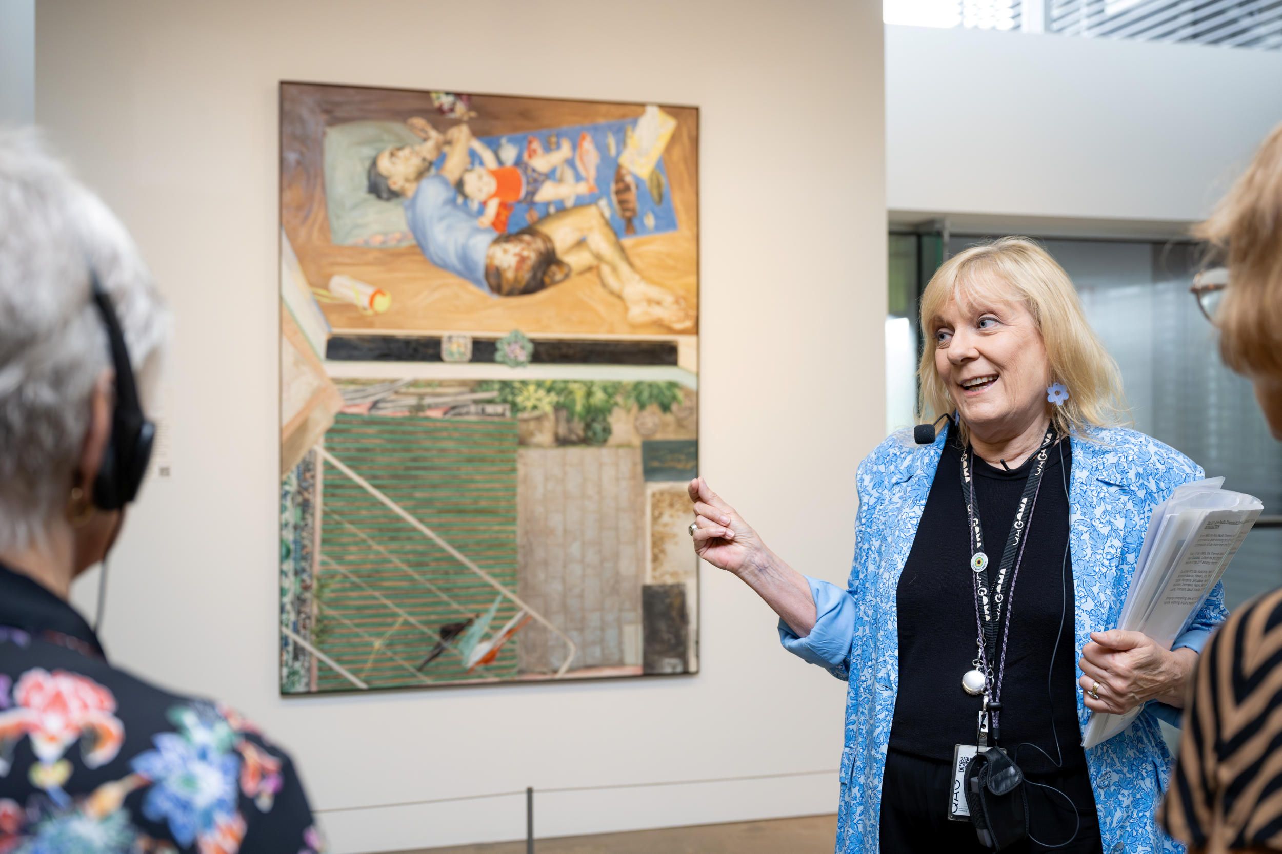 Tour for visitors with low or no vision featuring Tong Lung Yeong's Ching Lin Terrace, 2022. Oil on Canvas. The Kenneth and Yasuko Myer Collection of Contemporary Asian Art. Purchased 2024 with funds from Michael Sidney Myer through the Queensland Art Gallery | Gallery of Modern Art Foundation | Photograph: C. Callistemon