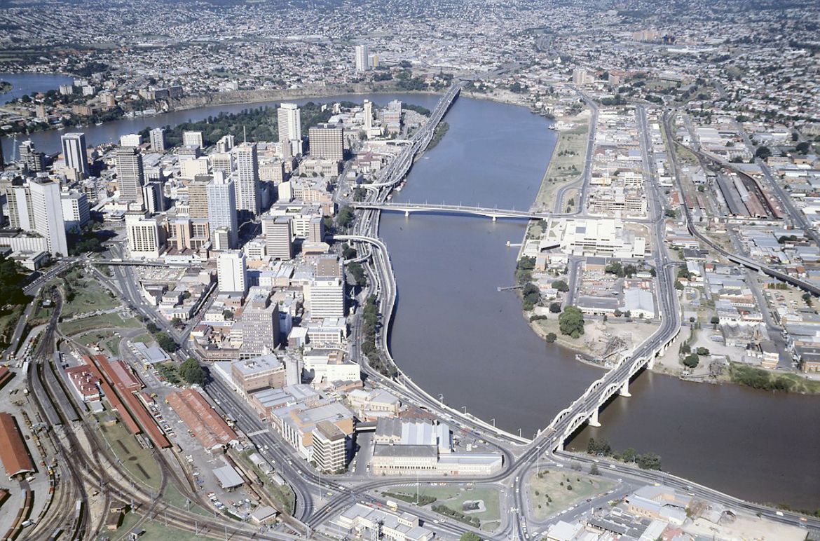 Overlooking the Brisbane CBD and the future Queensland Art Gallery, South Brisbane, South Bank, 2 May 1982, prior to opening 21 June 1982 / 93965-BCC-T54 / Courtesy: Brisbane City Council