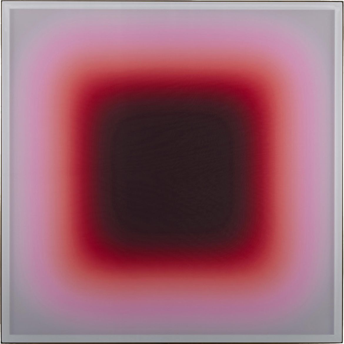Jonny Niesche, Australia b.1972 / Schein blossom (feueur) 2020 / Dye sublimation print on polyester voile, powder-coated steel, wood and mirror-polished brass / 176 x 176 x 3.4cm / Gift of the artist through the QAGOMA Foundation 2023. Donated through the Australian Government’s Cultural Gifts Program / Collection: Queensland Art Gallery | Gallery of Modern Art / © Jonny Niesche