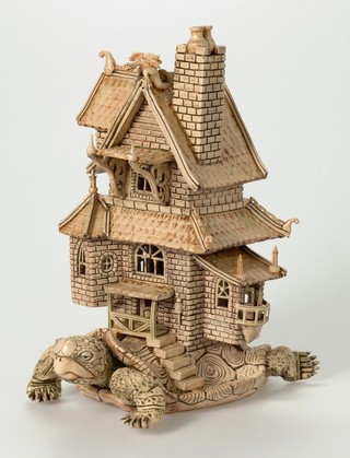 Midge Johansen, Australia b.1950 / Sculpture: Housebound 1982 / Stoneware, modelled and carved in the form of a tortoise with an elaborate house on its back / 36.1 x 24.5 x 29cm / Purchased 1982 / Collection: Queensland Art Gallery | Gallery of Modern Art / © QAGOMA
