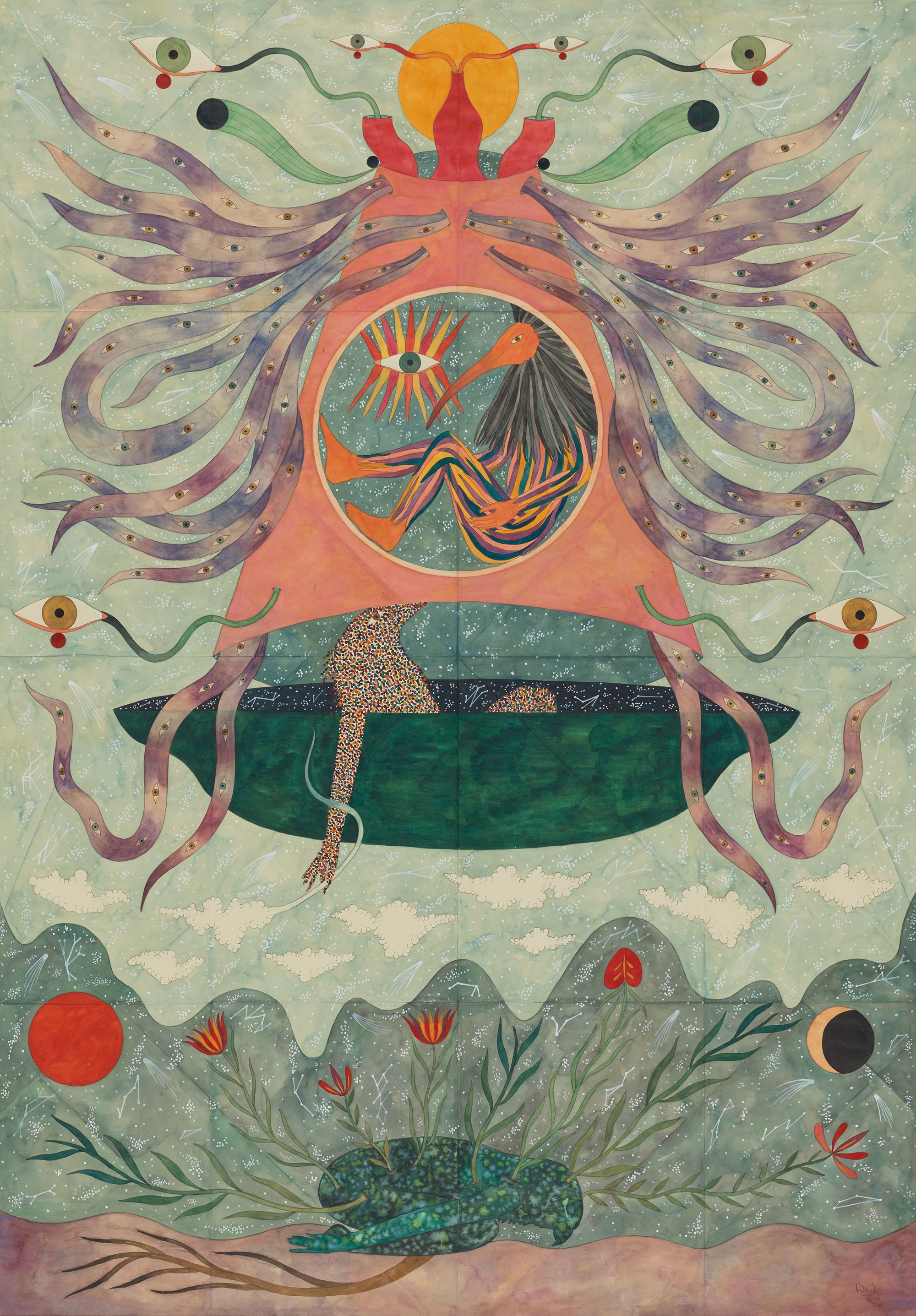 Rithika Merchant, India b.1986 / Vimana 2023 / Gouache, watercolour and ink on paper / 140 × 100cm / The Taylor Family Collection. Purchased 2024 with funds from Paul, Sue and Kate Taylor through the QAGOMA Foundation / © Rithika Merchant