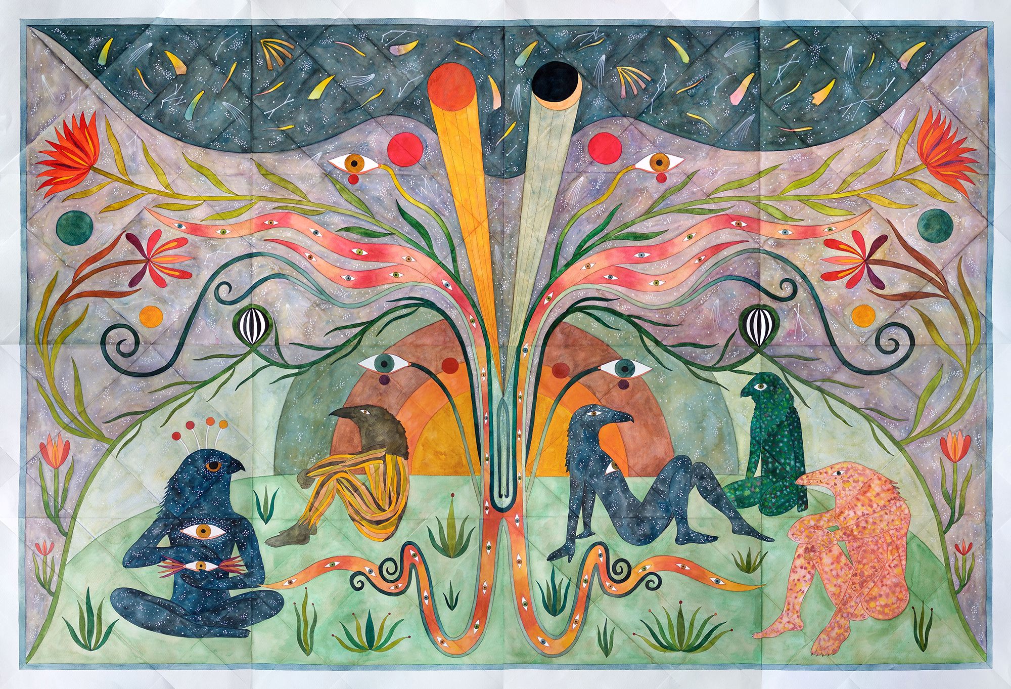 Rithika Merchant, India b.1986 / Temporal Structures 2023 / Gouache, watercolour and ink on paper / 105 × 150cm / The Taylor Family Collection. Purchased 2024 with funds from Paul, Sue and Kate Taylor through the QAGOMA Foundation / Collection: Queensland Art Gallery | Gallery of Modern Art / © Rithika Merchant