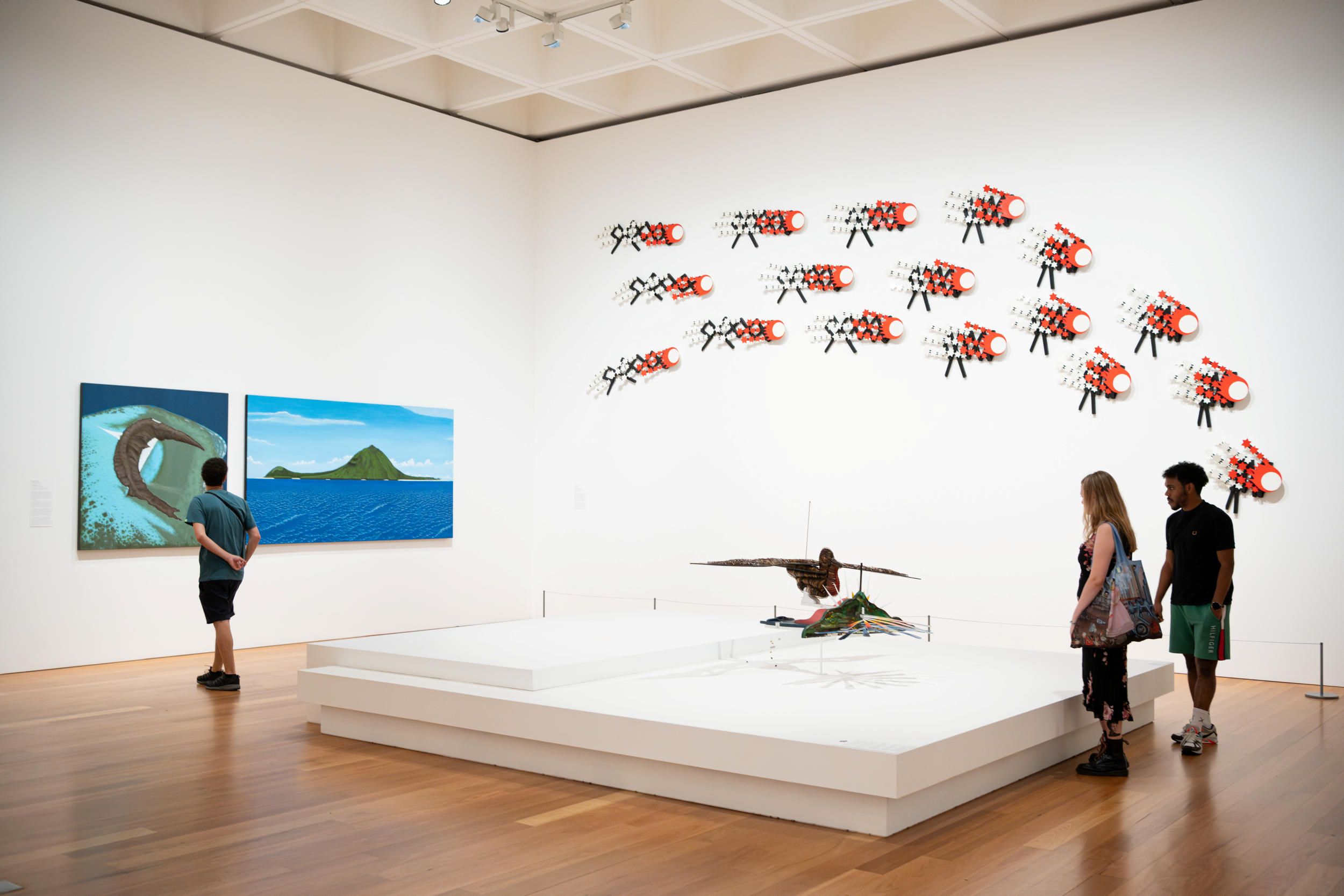 From L-R:

Segar Passi / Waier; Dauar 2015; 2014-15 (installation view) / Purchased 2015 with funds from Anne Best through the QAGOMA Foundation / Collection: QAGOMA / © Segar Passi

Patrick Thaiday / Comet (Dance machines) 2011 (installation view) / Purchased 2011 with funds from Thomas Bradley through the QAGOMA Foundation / Collection: QAGOMA / © Patrick Thaiday

Ken Thaiday Sr / Waumer (Frigatebird) 2004 (installation view) / Purchased 2004. QAGOMA Foundation Grant / Collection: QAGOMA / © Ken Thaiday Sr