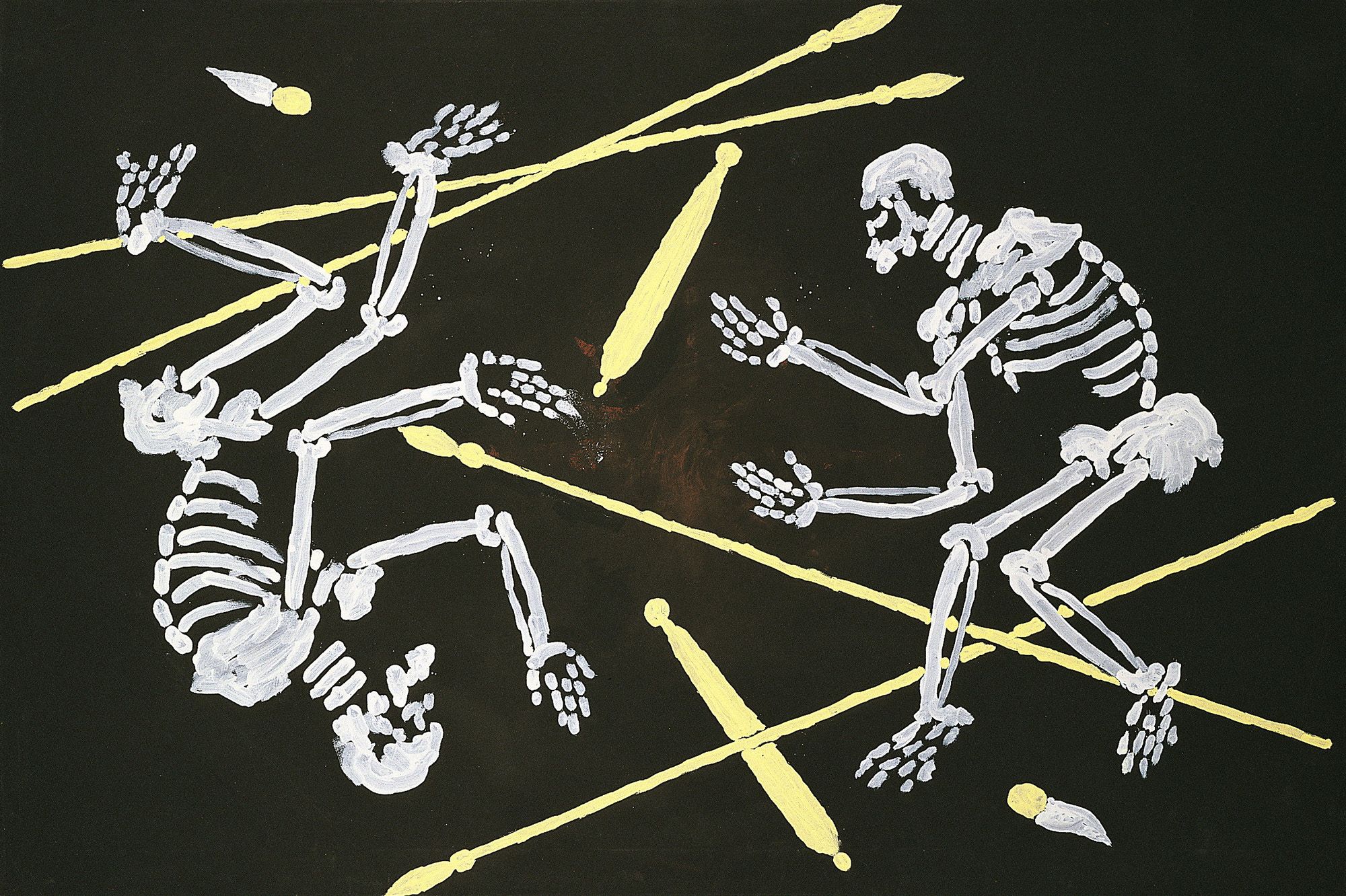 Clifford Possum Tjapaltjarri, Anmatyerre people, Australia c.1932–2002 / Two Jangala warriors from Warlugulong 1995 / Synthetic polymer paint on canvas / 120 x 180cm / Purchased 1997 under the Contemporary Art Acquisition Program with funds from National Australia Bank Limited through the QAG Foundation / Collection: Queensland Art Gallery | Gallery of Modern Art / © Clifford Possum Tjapaltjarri/Licensed by Aboriginal Artists Agency