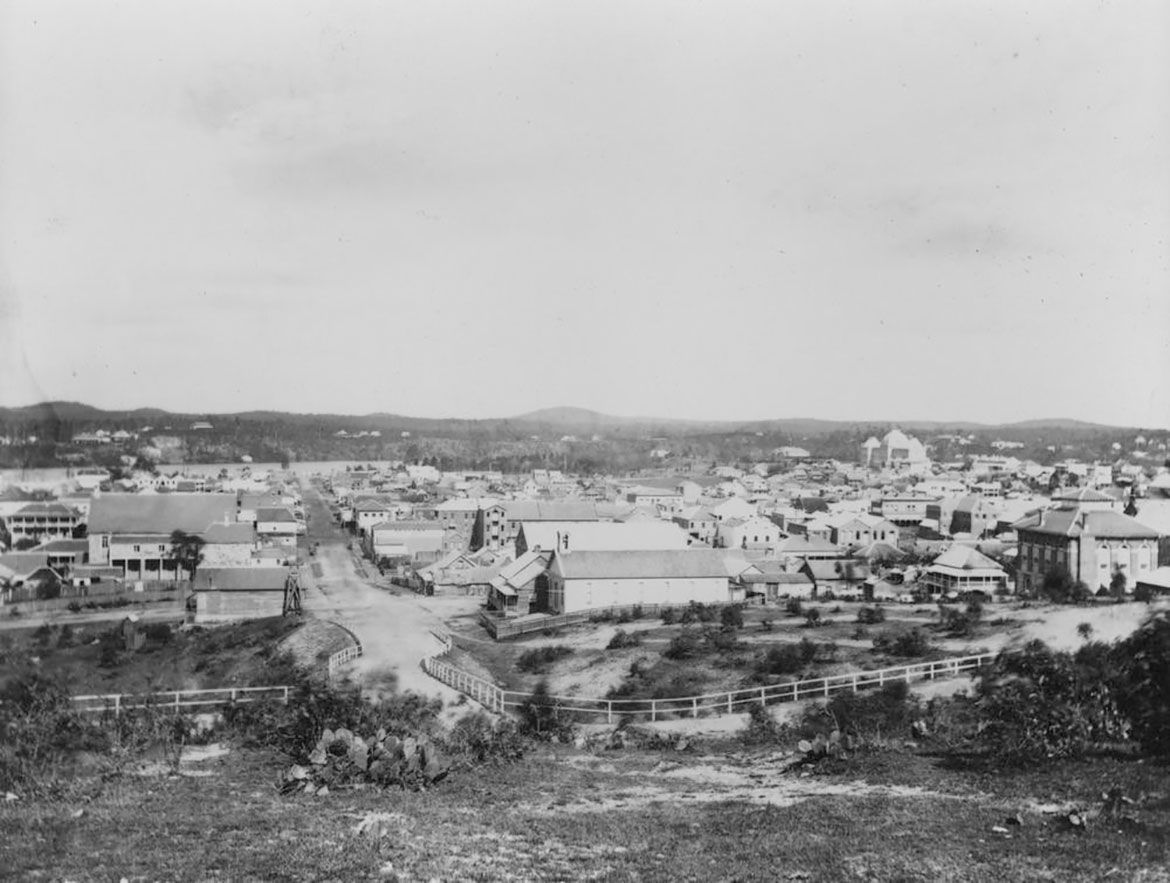 Richard Daintree, England/Australia 1832-78 / Brisbane c.1870 / Looking down Edward Street toward the Brisbane River, with Parliament House (top right) on the corner of Alice and William Streets / Courtesy: John Oxley Library, State Library of Queensland, Brisbane