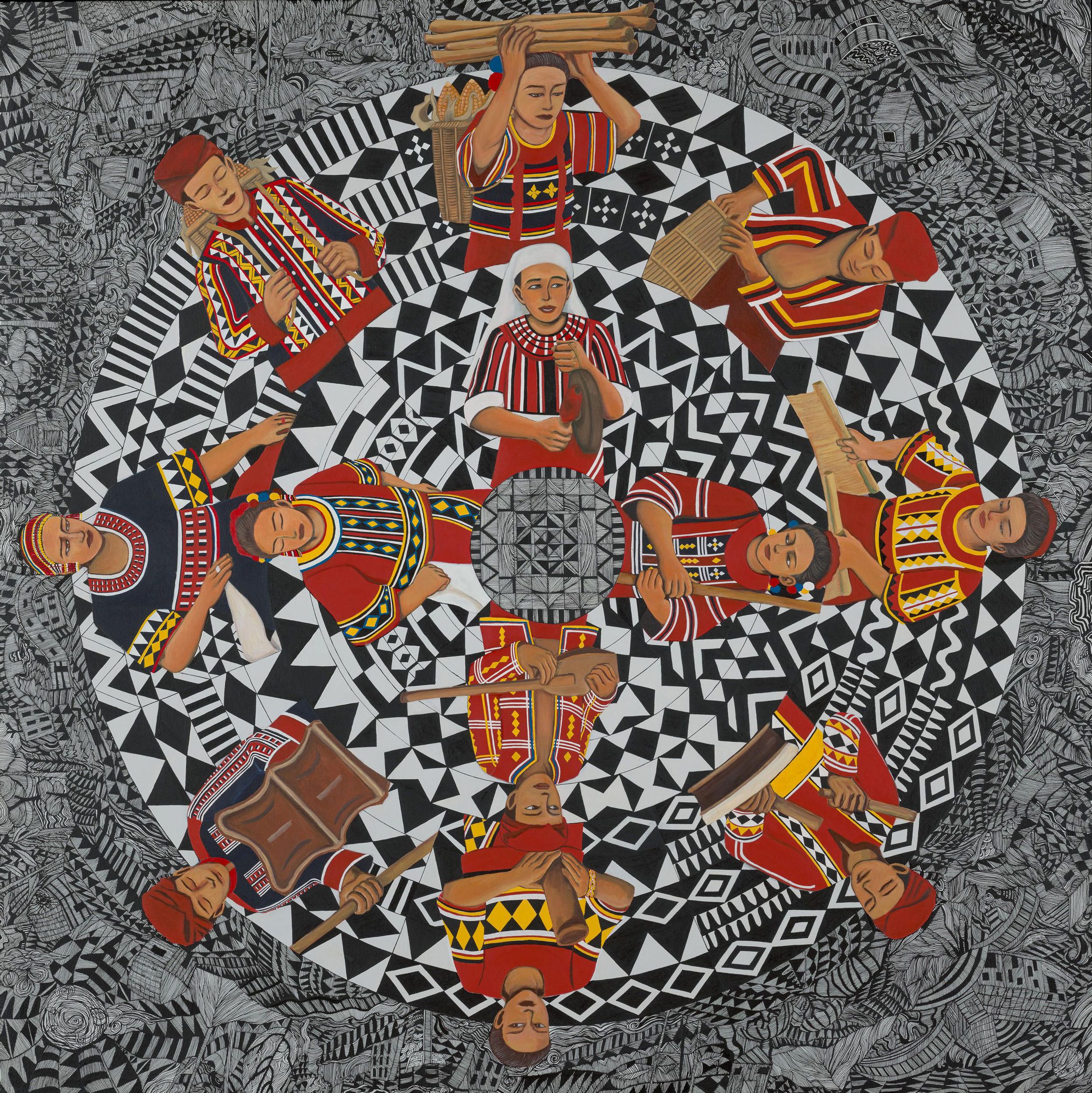 Judelyn Mae Villarta / The Philippines b.1995 / Bukidnon cultural gathering 2024 / Synthetic polymer paint on canvas / Purchased 2024 with funds from the Bequest of Noela Clare Deutscher, in memory of her parents, A Evans Deutscher and Clare Deutscher, through the Queensland Art Gallery | Gallery of Modern Art Foundation / © Judelyn Mae Villarta / Photograph: N Umek, QAGOMA