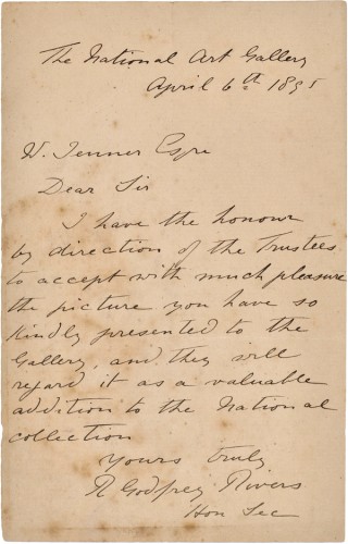 Letter from R Godfrey Rivers to Sir Isaac Walter Jenner, 6 April 1895 confirming the acceptance of the painting Cape Chudleigh, Coast of Labrador 1893, reworked 1895 , into the Collection of the Queensland National Art Gallery / Collection: QAGOMA Research Library