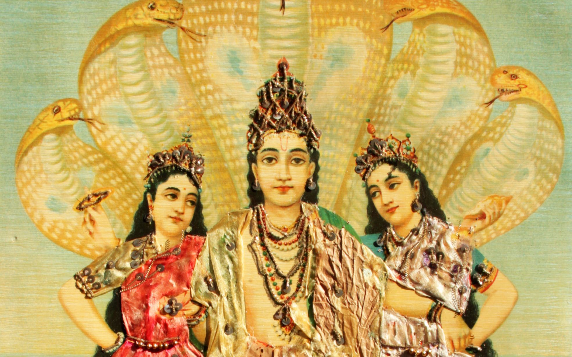 Raja Ravi Varma, India 1848–1906 / Ravi Varma Press, Karla-Lonavla, India / Sheshnarayan printed 1894–1930 / Oleograph with Zardosi embroidery / 50.8 x 35.56cm / Purchased 2024 with funds from the Henry and Amanda Bartlett Trust through the QAGOMA Foundation / Collection: Queensland Art Gallery | Gallery of Modern Art