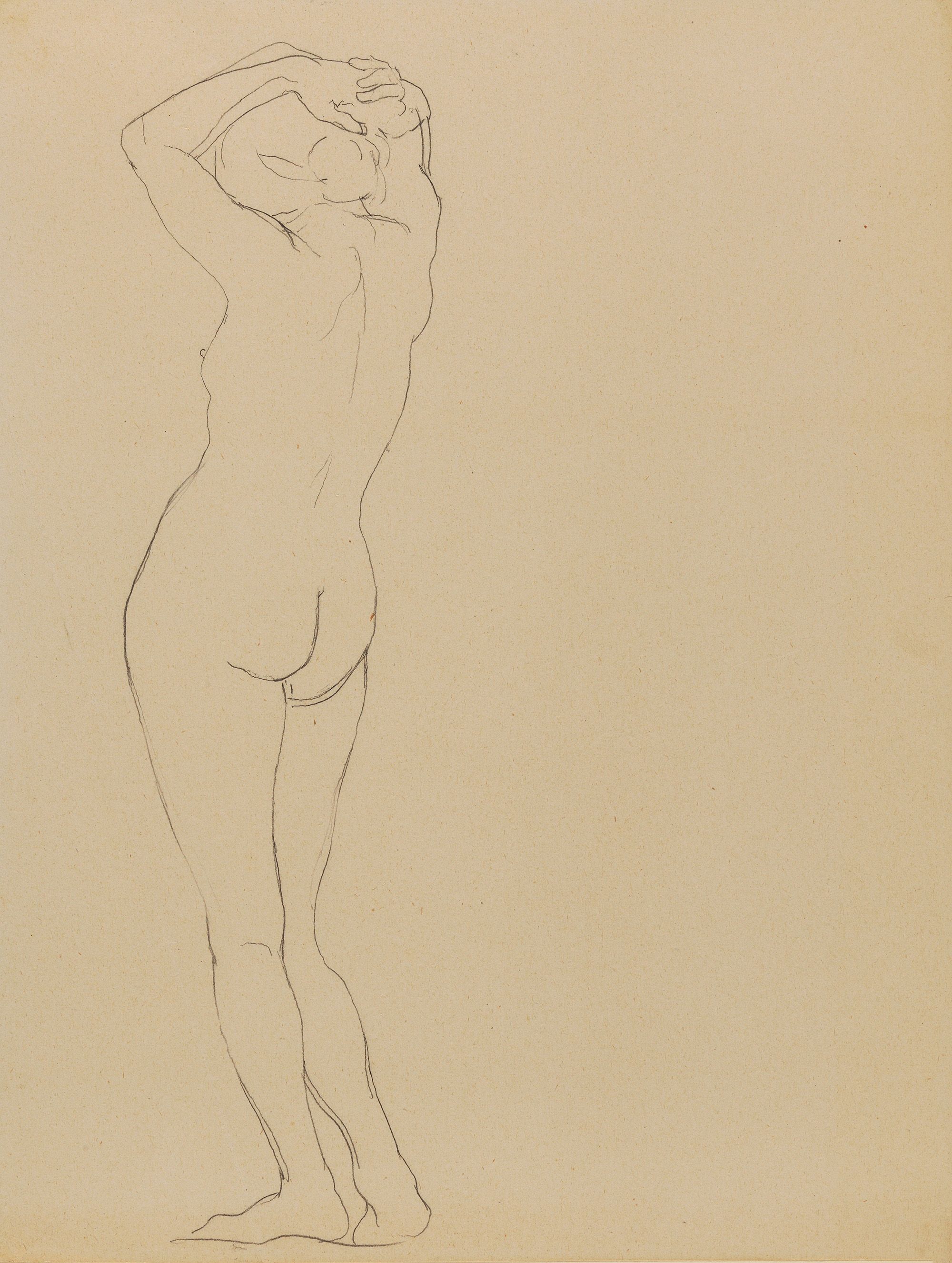 Rupert Bunny, Australia/France 1864–1947 / Untitled (back view of female nude, standing with hands on head and knees slightly bent) c.1920 / Pencil on cream wove paper / 31.5 x 24cm / Purchased 1973 / Collection: Queensland Art Gallery | Gallery of Modern Art