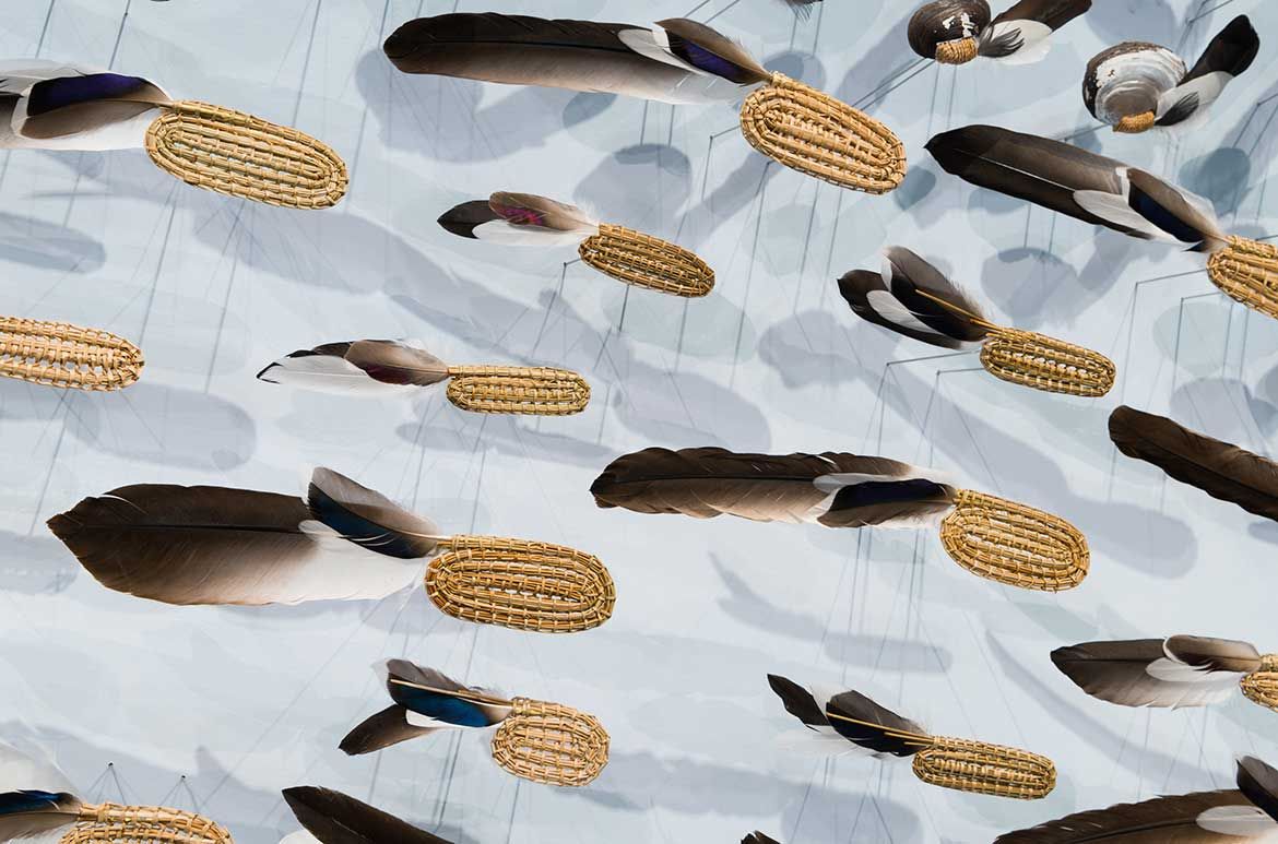 Jonathan Jones, Wiradjuri/Kamilaroi peoples, Australia b.1978, with Dr Uncle Stan Grant Snr AM, Wiradjuri people, Australia b.1940 / (untitled) giran (detail) 2018 / Bindu-gaany (freshwater mussel shell), gabudha (rush), gawurra (feathers), marrung dinawan (emu egg), walung (stone), wambuwung dhabal (kangaroo bone), wayu (string), wiiny (wood), 48-channel soundscape / Sound design: Luke Mynott, Sonar Sound / Purchased 2018 with funds from Tim Fairfax AC through the Queensland Art Gallery | Gallery of Modern Art Foundation / Collection: Queensland Art Gallery | Gallery of Modern Art / © The artists / Photograh: N Harth © QAGOMA / This project was assisted by the Australian Government through the Australia Council, its arts funding and advisory body; the NSW Government through Create NSW; the Copyright Agency Cultural Fund; and by Carriageworks through the Solid Ground program.