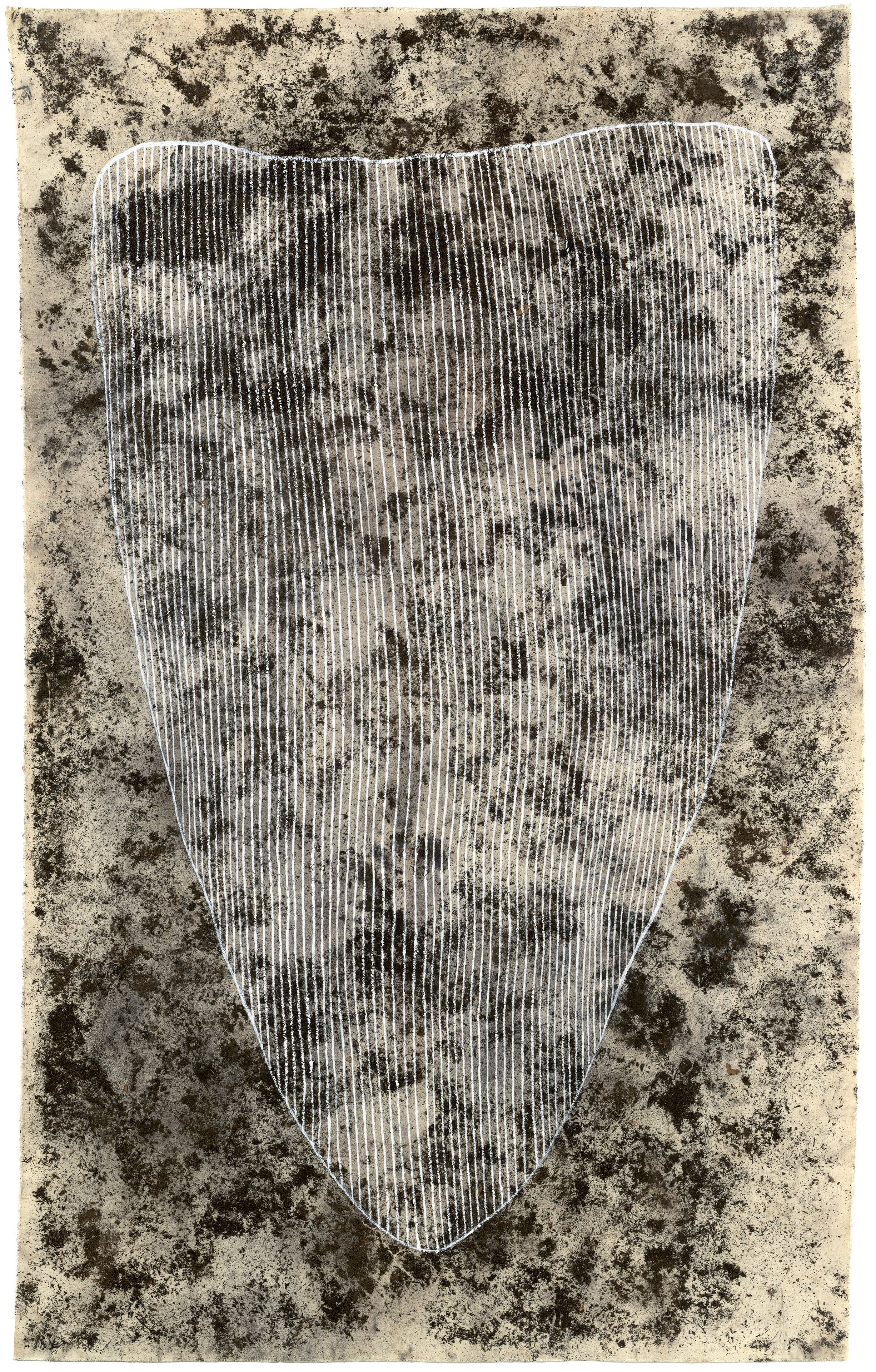 Judy Watson / Waanyi people / Australia b.1959 / burnt shield 2002 / Synthetic polymer paint, ash, charcoal on canvas / 190 x 118cm (unstretched) / Purchased 2003. The Queensland Government’s special Centenary Fund / Collection: Queensland Art Gallery | Gallery of Modern Art / © Judy Watson/Licensed by Viscopy, 2013