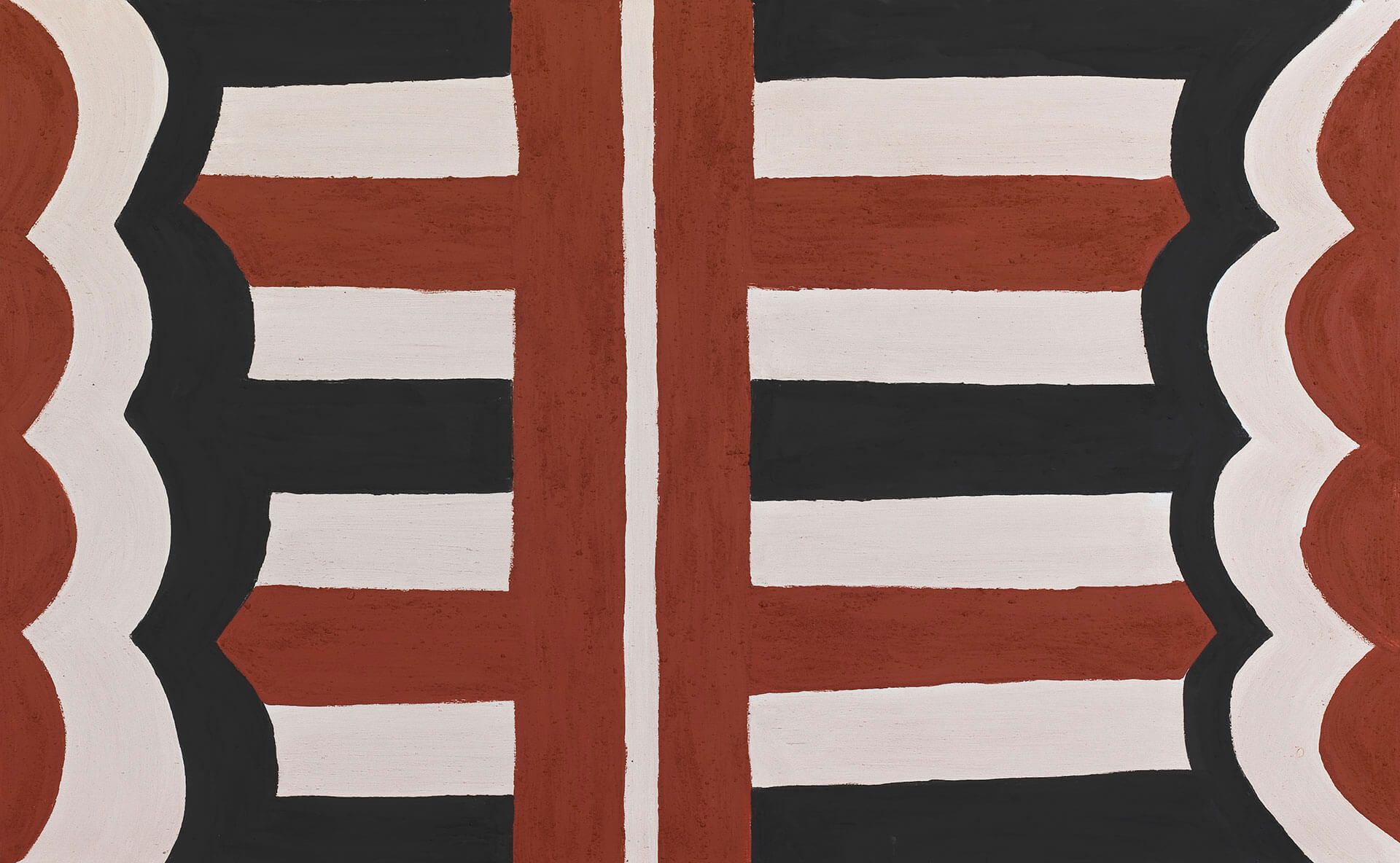 Arthur Koo-ekka Pambegan Jr, Wik-Mungkan people, Australia b.1936 d.2010 / Untitled IV [Walken-Aw (Bonefish Story Place) and Kalben (Sacred place in the Flying Fox Story Place) Design] 2007 / Natural pigments with acrylic binder on linen / 108 x 175cm / Purchased 2008. The Queensland Art Gallery Foundation Grant / Collection: Queensland Art Gallery | Gallery of Modern Art / © Estate of the artist; and Alair Pambegan