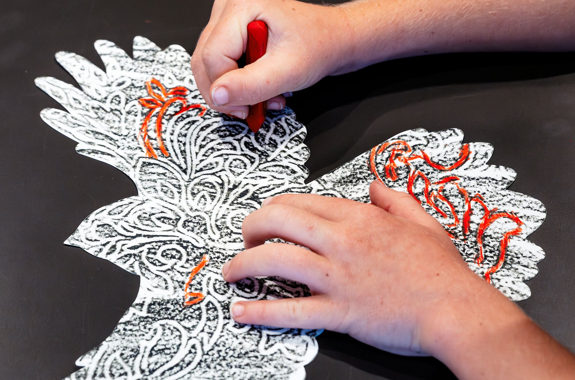 Brett Graham, Ngāti Korokī Kahukura, Tainui Aotearoa New Zealand b.1967 / Wakuwaku 2024 / Paper templates, crayons, MDF, steel, paint / A collaboration between Brett Graham and QAGOMA / Commissioned for Asia Pacific Triennial Kids with support from the Tim Fairfax Family Foundation / © Brett Graham / Photograph: J Ruckli © QAGOMA