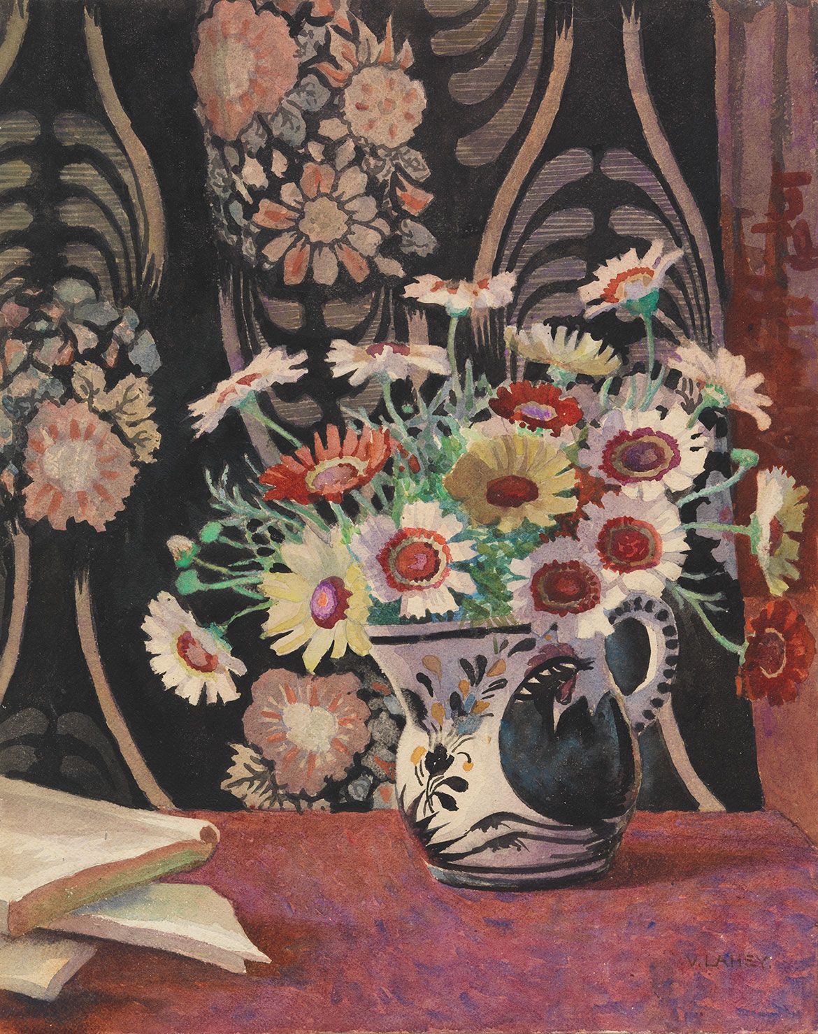Vida Lahey, Queensland Australia 1882–1968 / The cretonne curtain 1933 / Watercolour and gouache over pencil on wove paper on cardboard / 49.8 x 40cm / Gift of Ann Gruen in memory of her mother, Margaret Darvall 1970 / Collection: Queensland Art Gallery | Gallery of Modern Art / © QAGOMA