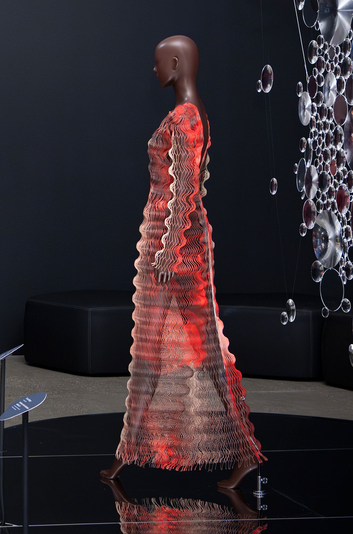 Iris van Herpen, Netherlands b.1984 / Philip Beesley (Collaborator), Canada b.1956 / Galactic Glitch dress, from the ‘Shift Souls’ collection 2019 / Laser-cut Komon Koubou, mylar / Worn by singer Céline Dion at Iris van Herpen’s Haute couture Spring–Summer 2019 showing, as part of Paris Fashion Week / © Iris van Herpen atelier / Photograph: C Callistemon © QAGOMA
