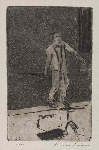 WILLIAMS, Fred Australia b.1927 d.1982 Max Miller (from ‘Music hall’ series) 1966 Etching, engraving, aquatint, drypoint on pale grey laid paper with watermark 28.6 x 20.6cm (irreg.) 16.2 x 10.1cm (comp.) Acc. 2:1434 Purchased 1981
