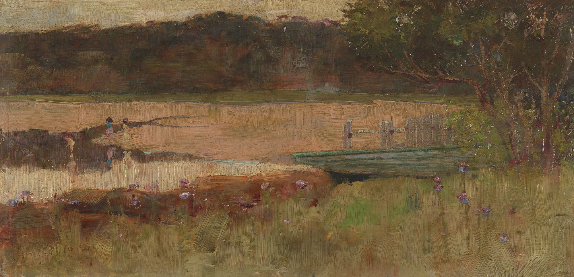 Charles Conder, England/Australia 1868–1909 / Quiet beach 1887–88 / Oil on wood panel / 16.2 x 31.1 cm / Purchased 1952. Maria Theresa Treweeke Bequest / Collection: Queensland Art Gallery | Gallery of Modern Art